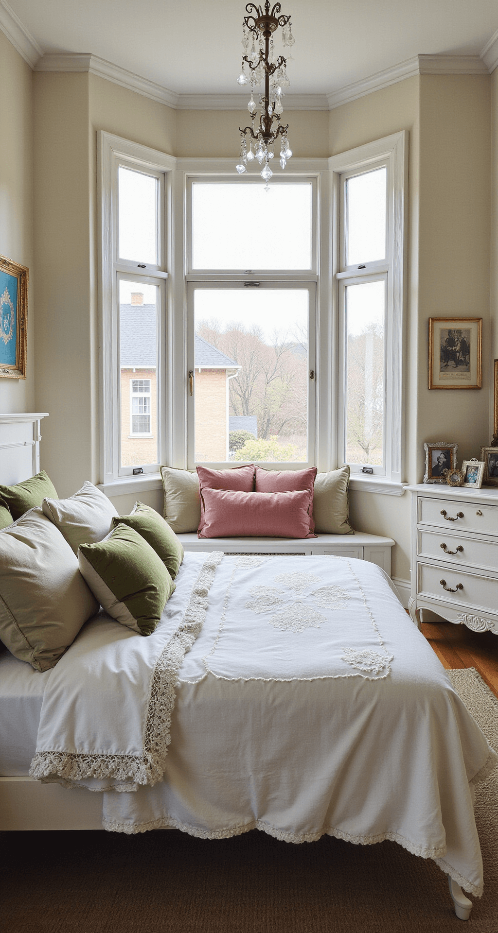 Bright midday bedroom scene featuring a bay window nook, white wooden bed frame with layered linens, and crystal prisms casting rainbow spots on cream walls. A vintage dresser holds silver-framed photographs, captured in wide-angle for a light and airy feel.