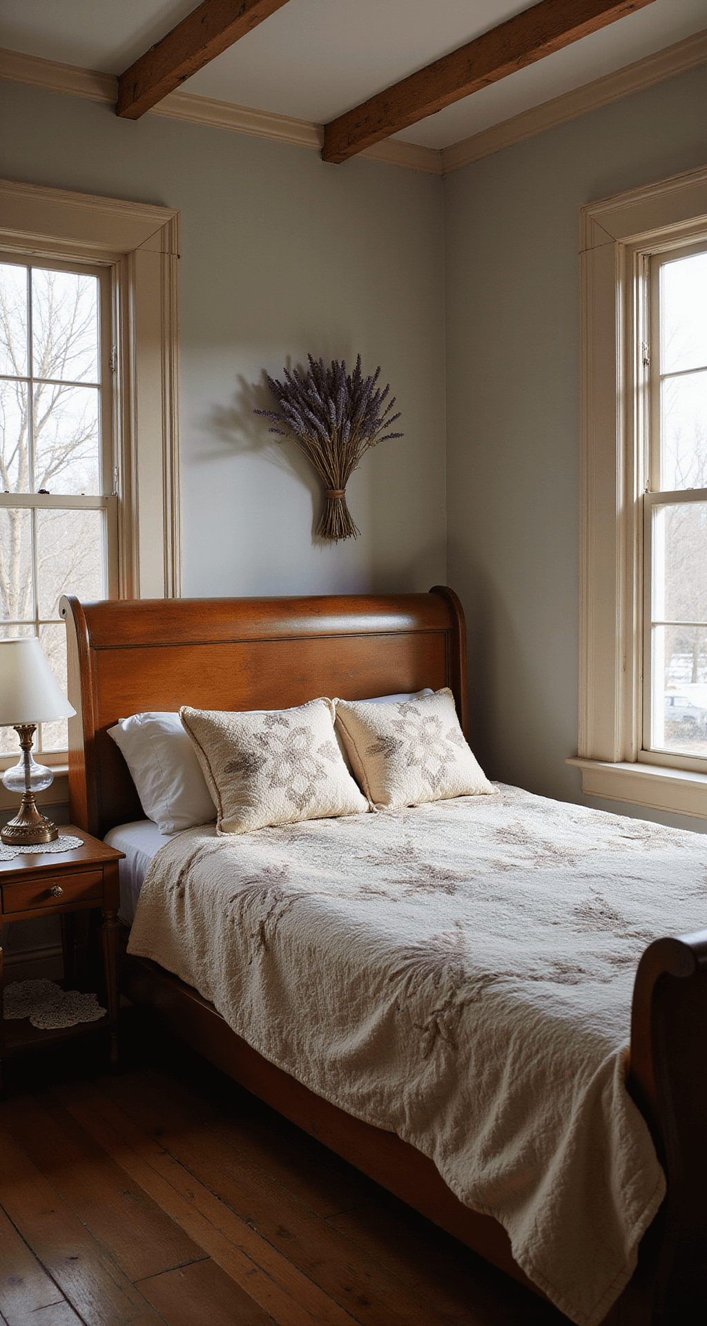 A cozy bedroom filled with morning light, showcasing a large oak sleigh bed adorned with heavyweight quilts featuring traditional star patterns in warm neutrals. Handmade doilies rest on bedside tables under vintage milk glass lamps, while dried lavender bundles hang from exposed wooden beams, captured from a corner perspective using an 85mm lens to highlight layered textures.