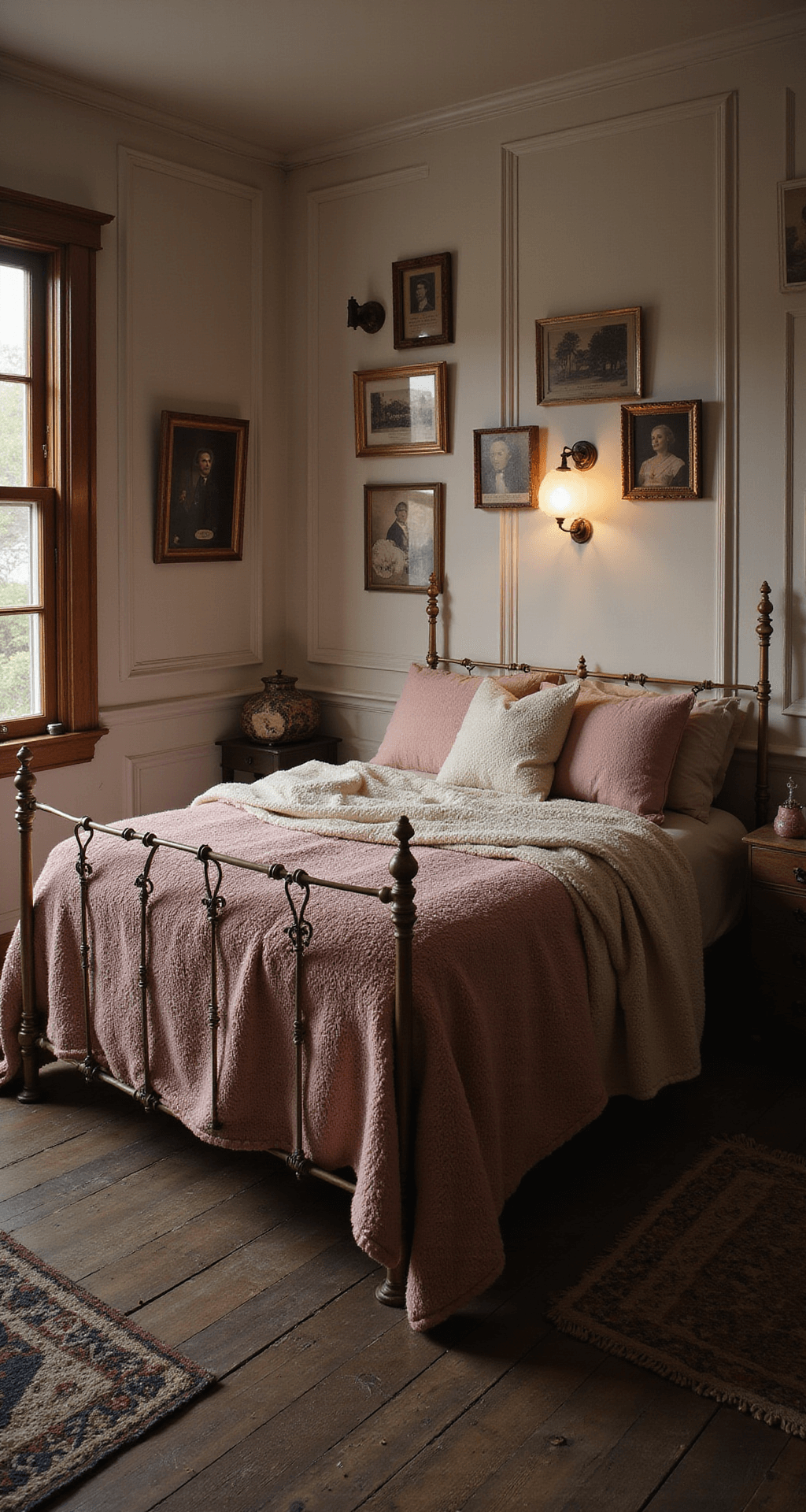 Dusk bedroom scene in a 13x14 room featuring original wainscoting, an antique brass bed with crocheted blankets and a dusty rose chenille spread. A gallery wall displays vintage oval frames with sepia photographs, and weathered pine floors are adorned with handmade rag rugs, all illuminated by soft lamplight for a moody evening ambiance.