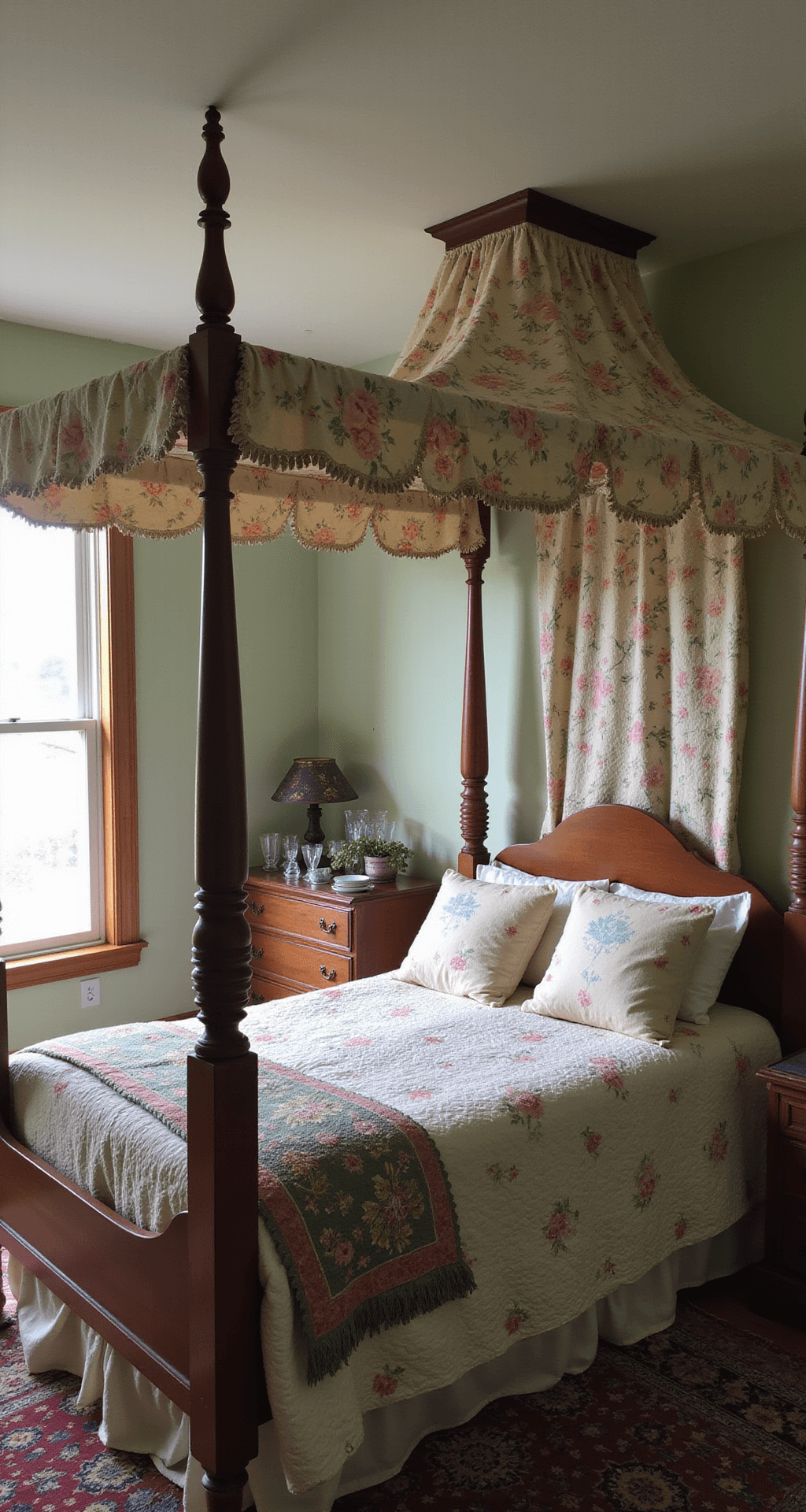 A cozy early morning bedroom featuring a four-poster maple bed with a vintage floral canopy, adorned with a patchwork quilt and soft pastel throws. An antique dressing table showcases a collection of depression glass, all bathed in warm natural light streaming through dormer windows.