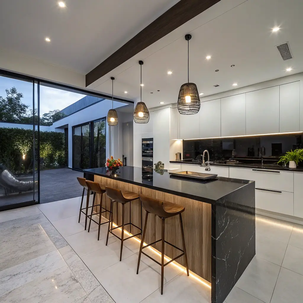 A sleek contemporary minimalist kitchen featuring a jet-black granite breakfast bar, walnut Scandinavian barstools, and pendant lights with brass fixtures in a modern high-end setting with wabi-sabi influences.