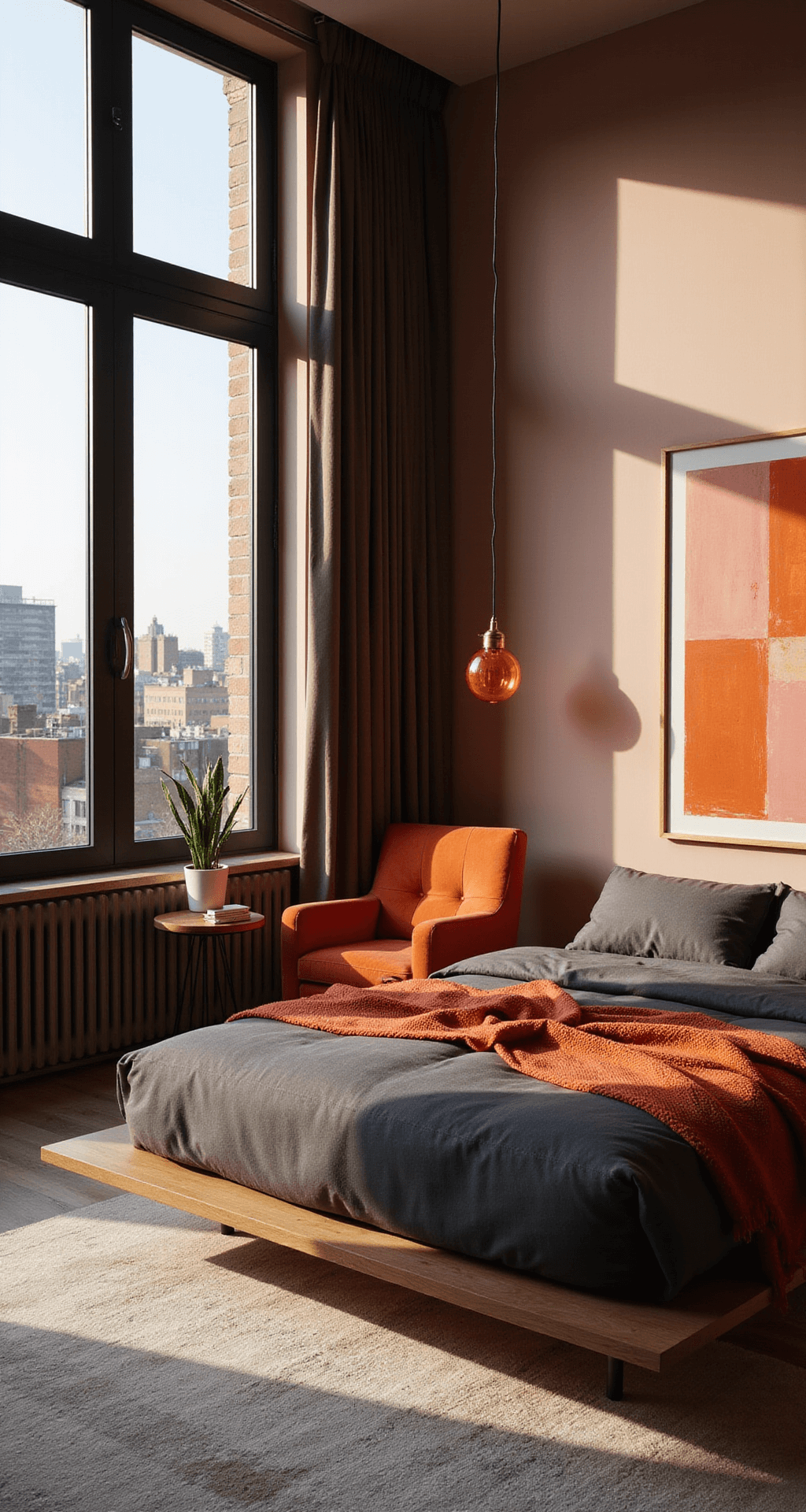 A modern minimalist urban bedroom with floor-to-ceiling windows at dusk, featuring matte pink walls, an orange velvet accent chair, a platform bed with charcoal linens, a salmon throw, and an oversized abstract canvas in orange and blush tones. A brass pendant light with an orange glass shade adds warmth. Shot from a low angle with moody lighting and dramatic shadows.