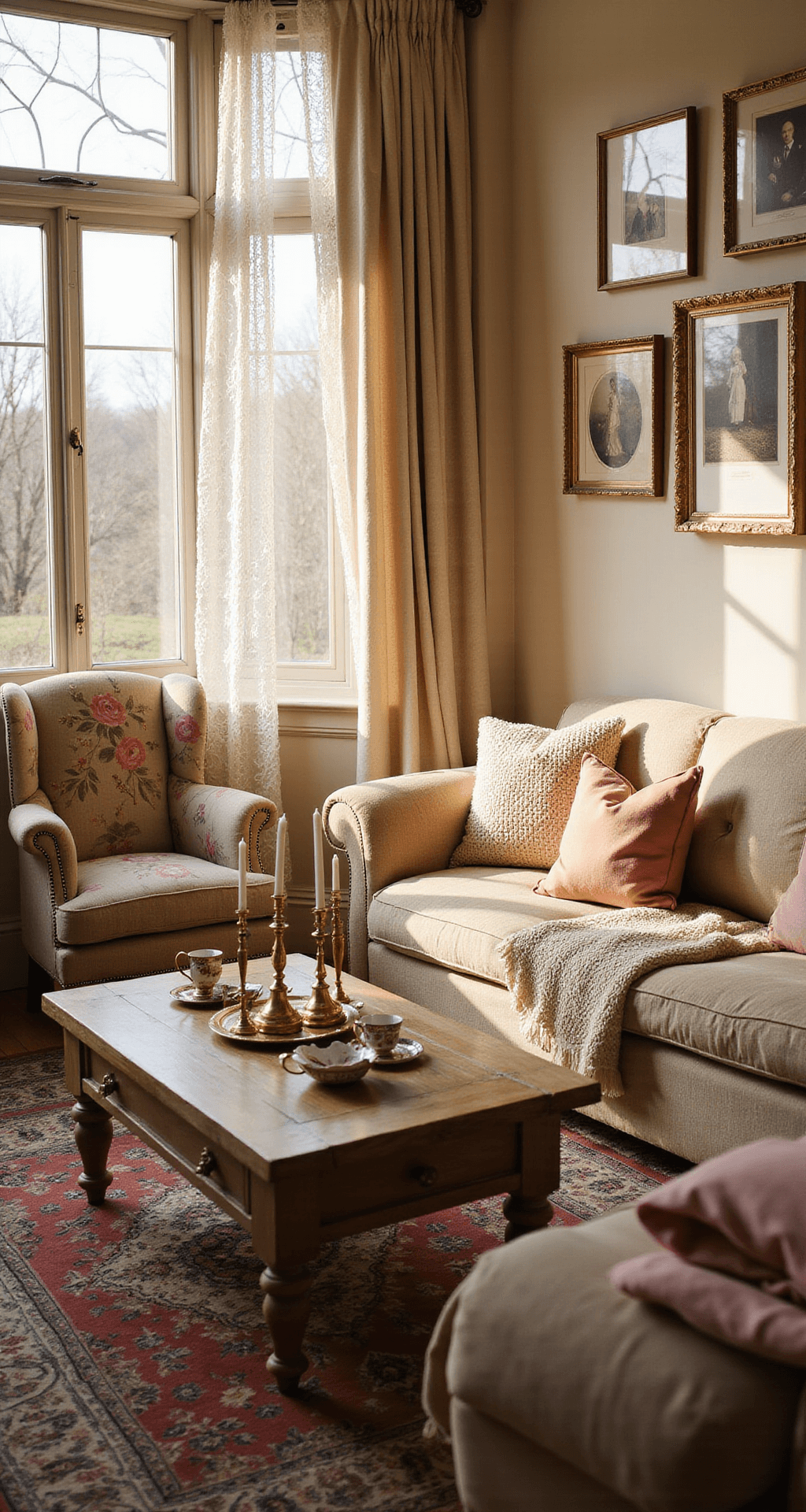 A sunlit living room featuring a plush floral armchair and a weathered oak coffee table with brass candlesticks, surrounded by lace curtains and vintage family photos on warm cream walls.
