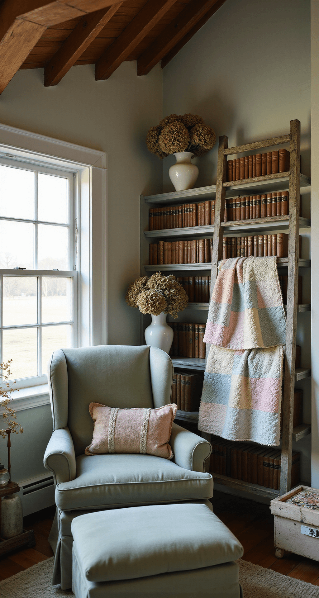 Interior view of a cozy reading nook featuring a sage green wingback chair, hand-knitted ottoman, and a weathered ladder bookshelf filled with hardbacks. Soft morning light filters through leaded glass windows, illuminating milk glass vases with dried hydrangeas and pastel patch quilts draped over a vintage ladder.