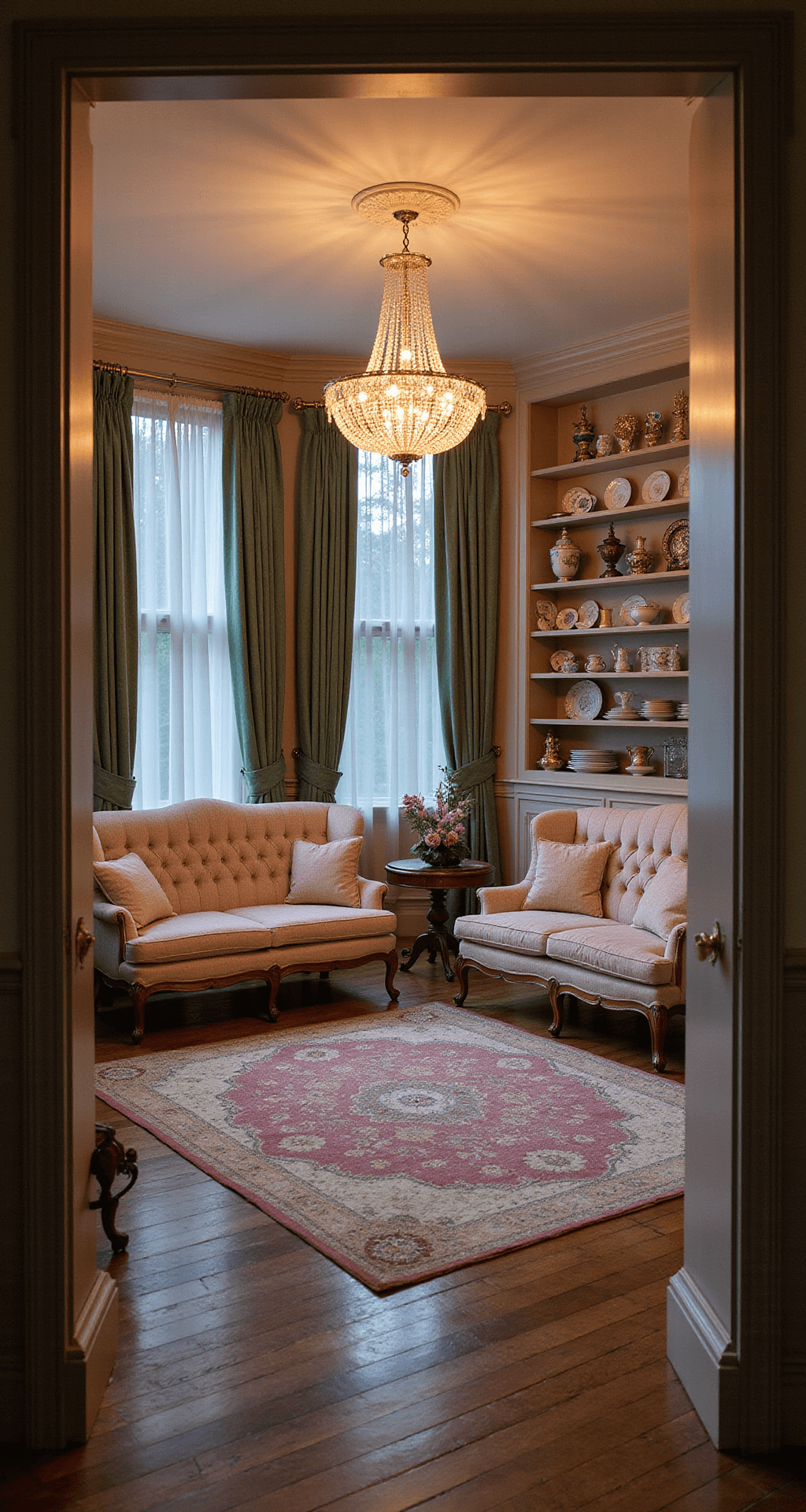 Wide-angle view of an elegant formal sitting room at dusk, featuring Victorian loveseats, an antique chandelier, vintage rugs, built-in shelves with china and trinkets, and heavy velvet drapes framing tall windows.
