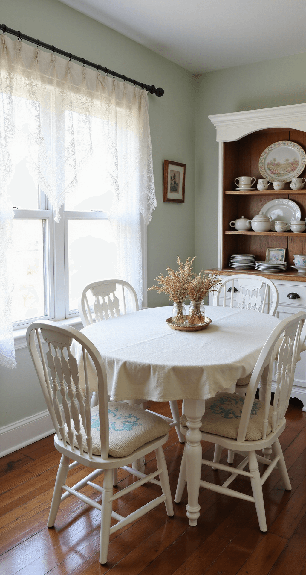 Corner view of a cozy breakfast nook with white wooden chairs and a round oak table adorned with a vintage linen tablecloth, featuring a collection of mismatched pastel china in an open hutch, lace cafe curtains, worn wooden floors, and mason jars with dried flowers as a casual centerpiece, illuminated by soft mid-morning light.