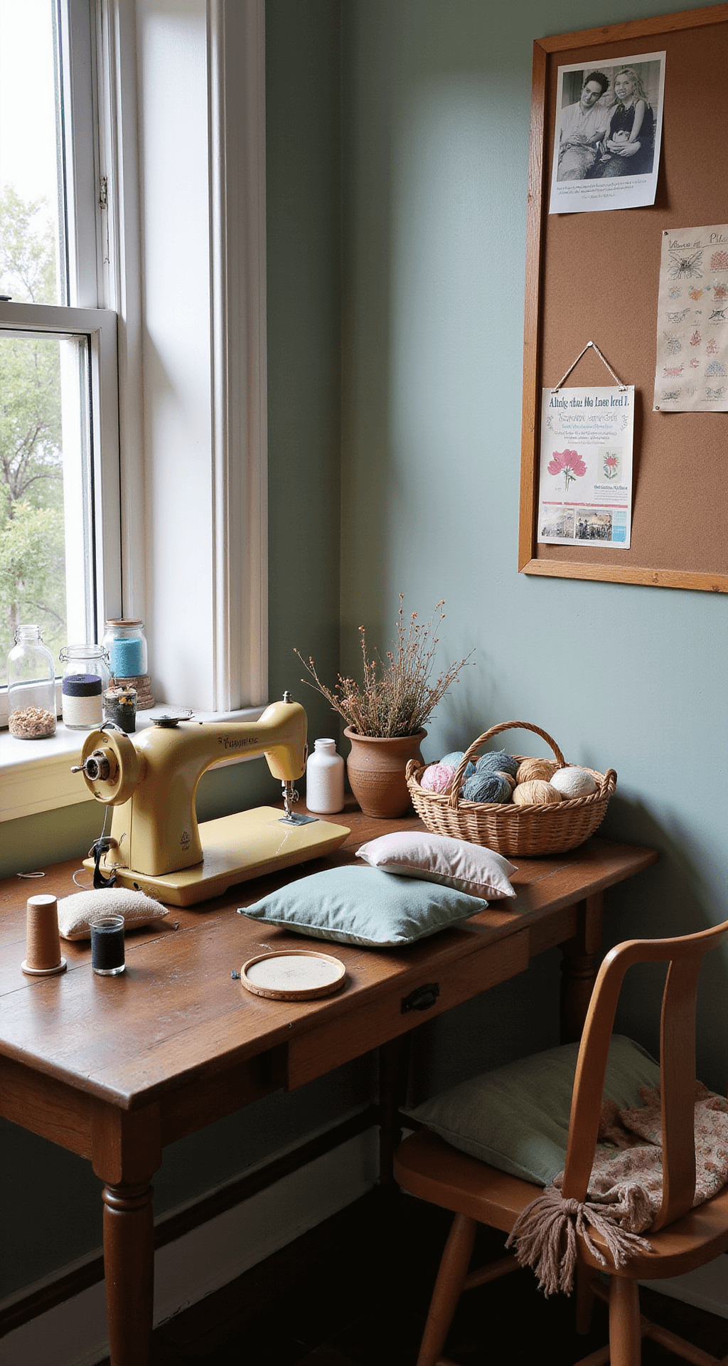 A cozy craft corner with a vintage sewing table by a window, adorned with glass jars of colorful thread spools, handmade pin cushions, and embroidery hoops showcasing ongoing projects. A woven basket filled with soft pastel yarn sits nearby, while a bulletin board displays vintage patterns and family photos, all beautifully lit by afternoon side light.