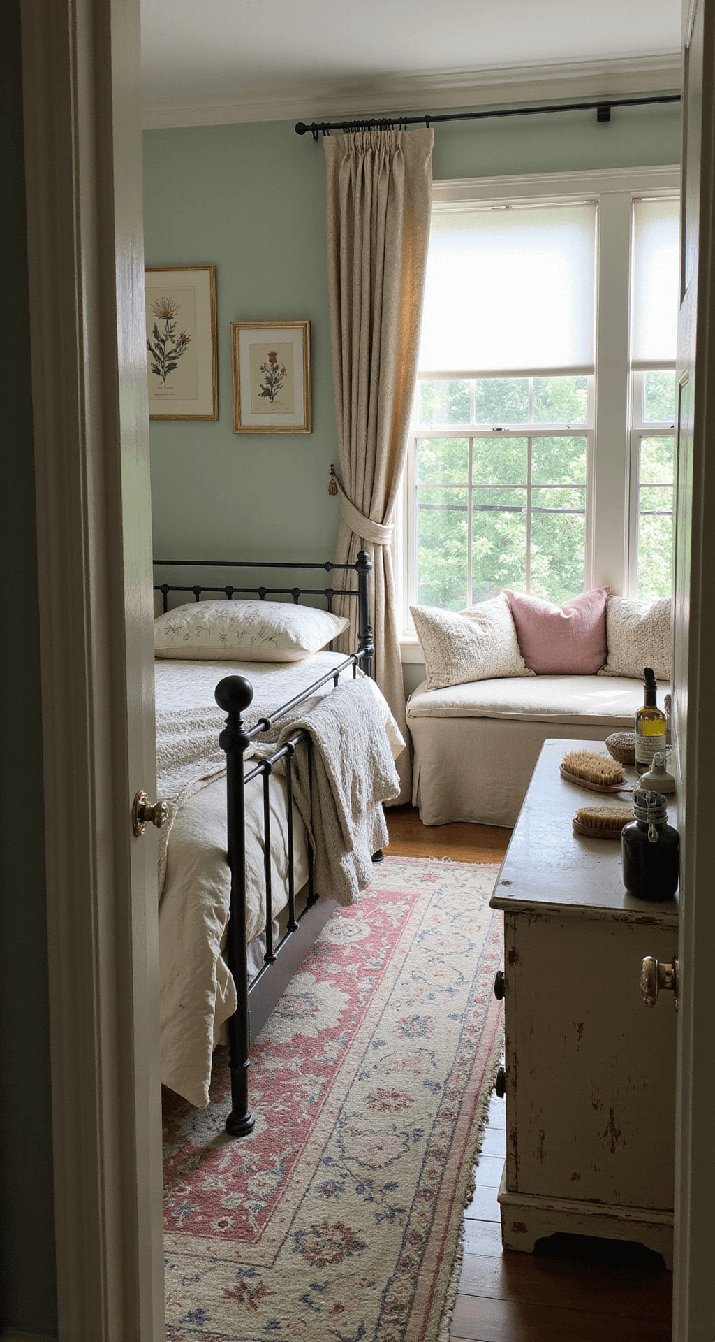A cozy bedroom at dawn featuring an iron bed with cream and blush vintage quilts, a curved window seat with knitted cushions, a weathered dresser with silver brushes and perfume bottles, and soft sage walls adorned with botanical prints in gold frames, all illuminated by gentle morning light.
