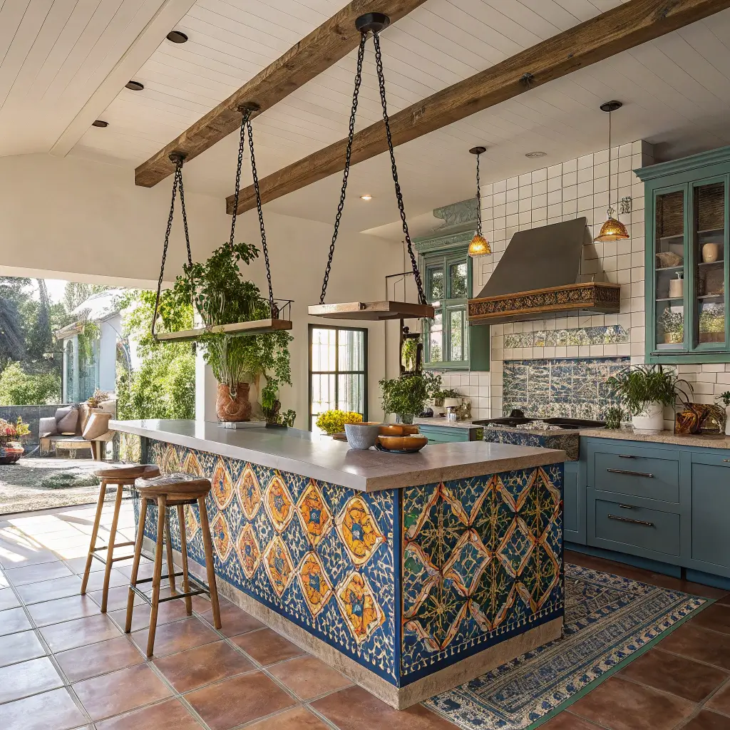 A vibrant kitchen corner with a 6ft breakfast bar adorned with hand-painted Mexican tiles and two rattan swing seats, featuring Moroccan brass pendant lights, global artifacts, and potted succulents; a bohemian-industrial style.