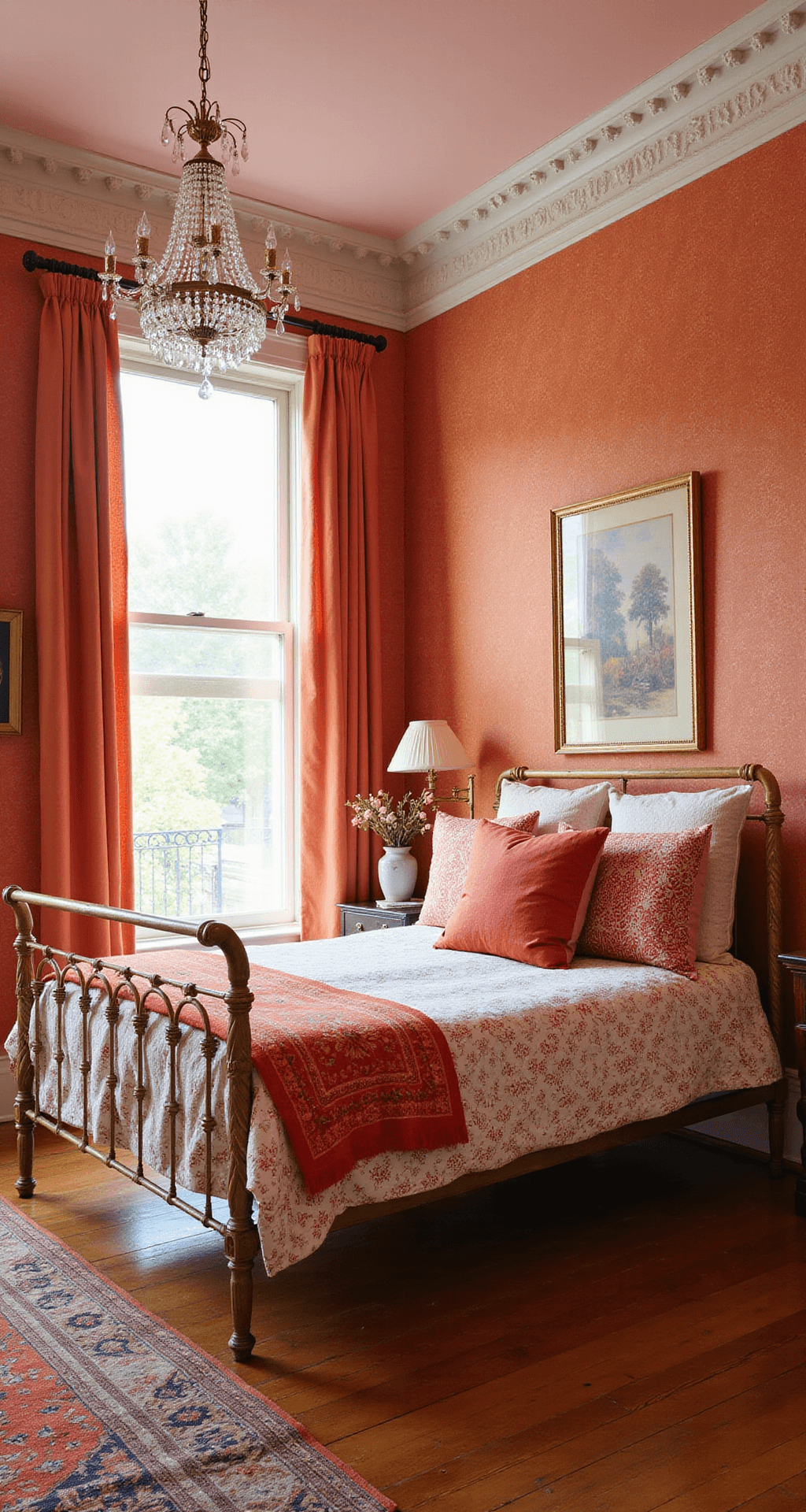 A vintage eclectic bedroom with original crown molding and herringbone floors, featuring burnt orange grasscloth wallpaper, a pink painted ceiling, a vintage brass bed with coral and blush textiles, and an orange and rose Persian rug. A crystal chandelier casts prismatic light in a romantic, collected atmosphere.