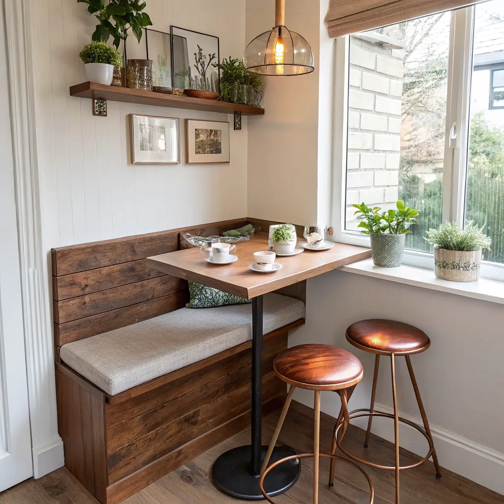A cozy 8x8ft breakfast nook with a fold-down walnut bar, copper stools, floating shelves with vintage teacups, soft lighting, and potted herbs, showcasing a space-saving urban design.