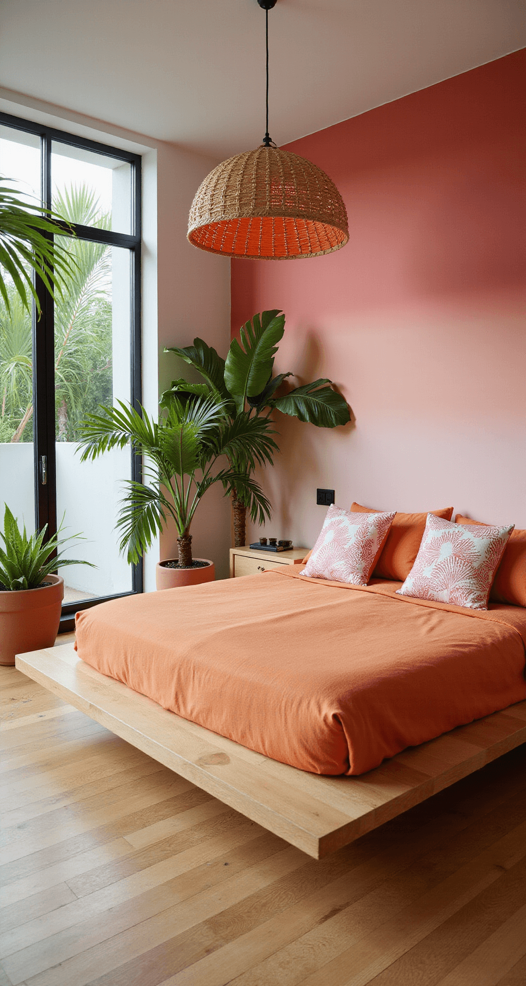 A tropical modern bedroom with bamboo flooring, white walls, and an ombré statement wall transitioning from coral to soft pink. The platform bed features an orange linen duvet and pink palm print pillows, with a rattan pendant light overhead. Terra cotta pots with tropical plants adorn the room, softly illuminated by indirect evening light filtered through palm fronds.