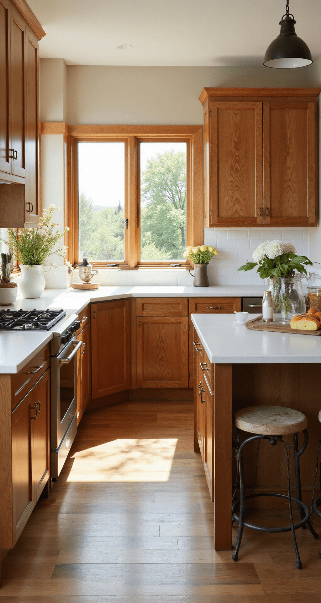 A spacious kitchen featuring hickory cabinets in honey and chocolate tones, white quartz countertops, and a center island with bar stools, illuminated by warm morning light from large windows. The image is captured from a low angle, highlighting the cabinet height and natural light.