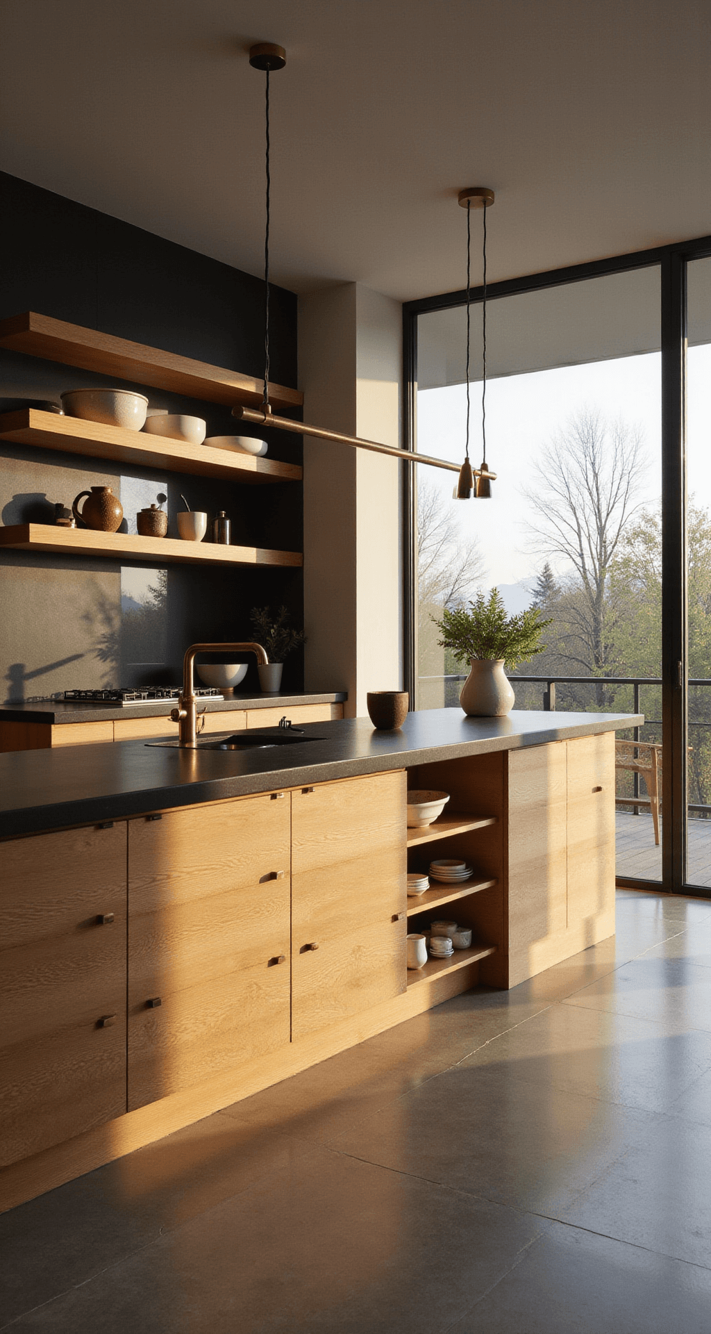 Modern minimalist kitchen featuring hickory cabinets, matte black countertops, floating shelves with ceramics, and brushed brass pendant lights, captured during golden hour with dramatic natural backlight and clean lines.