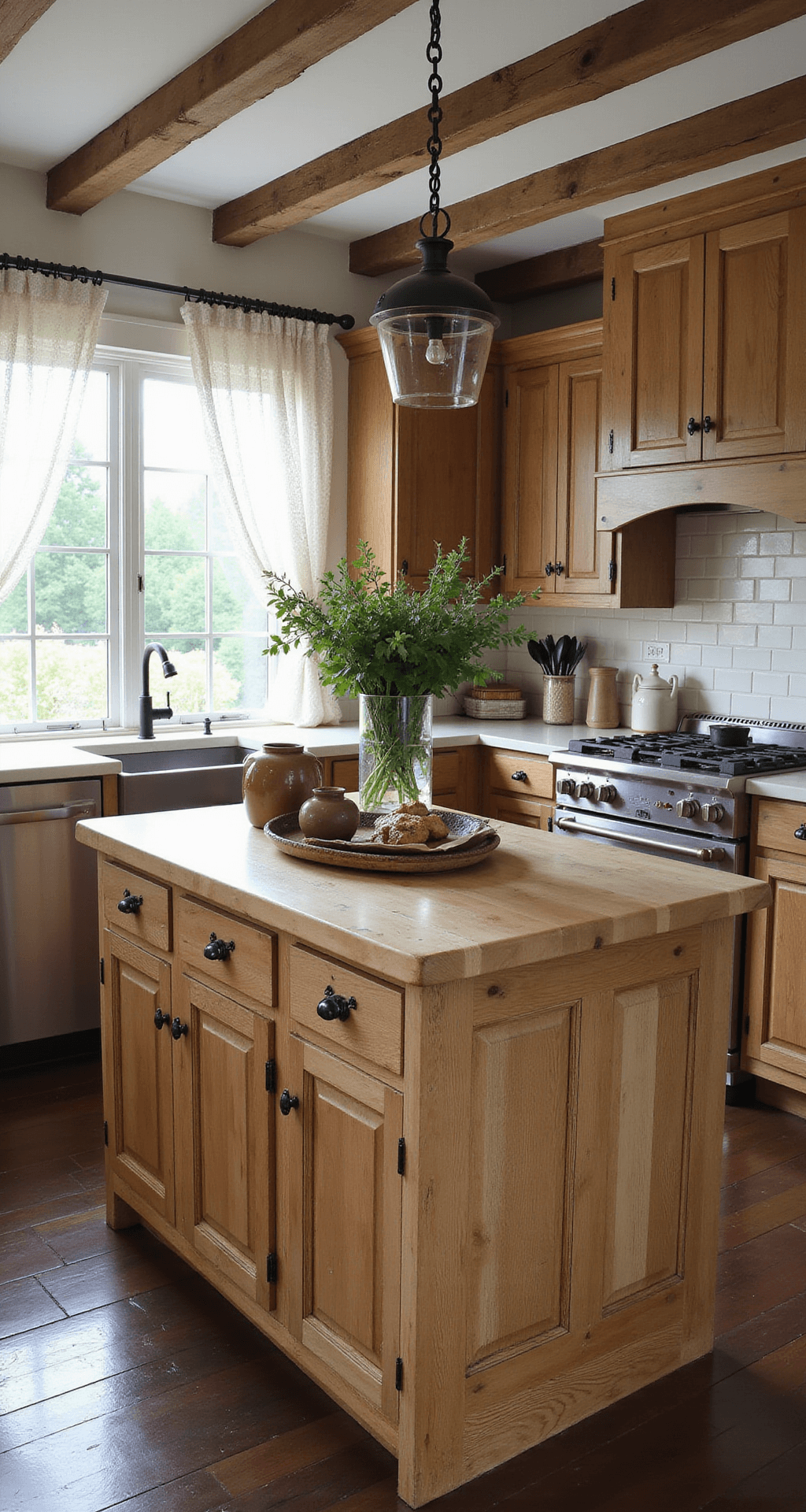 Cozy farmhouse kitchen featuring exposed beams, distressed hickory cabinets, a butcher block island with herbs and pottery, and cream subway tile, lit by late afternoon light through lace curtains.