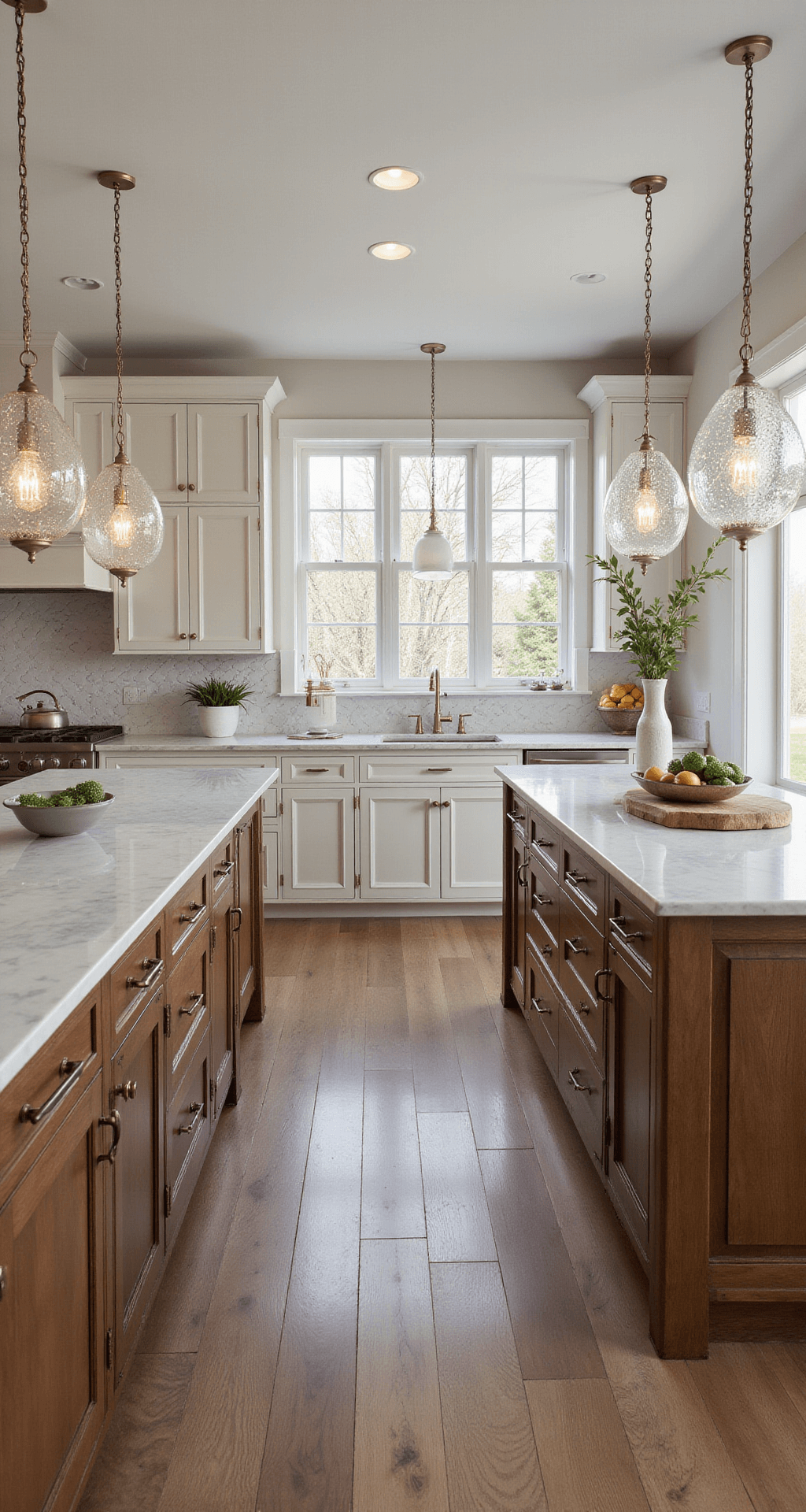 Transitional L-shaped kitchen featuring elegant hickory and white cabinets, marble countertops, and hexagonal tile backsplash, illuminated by crystal pendant lights, captured from an elevated angle showcasing the layout with even lighting.
