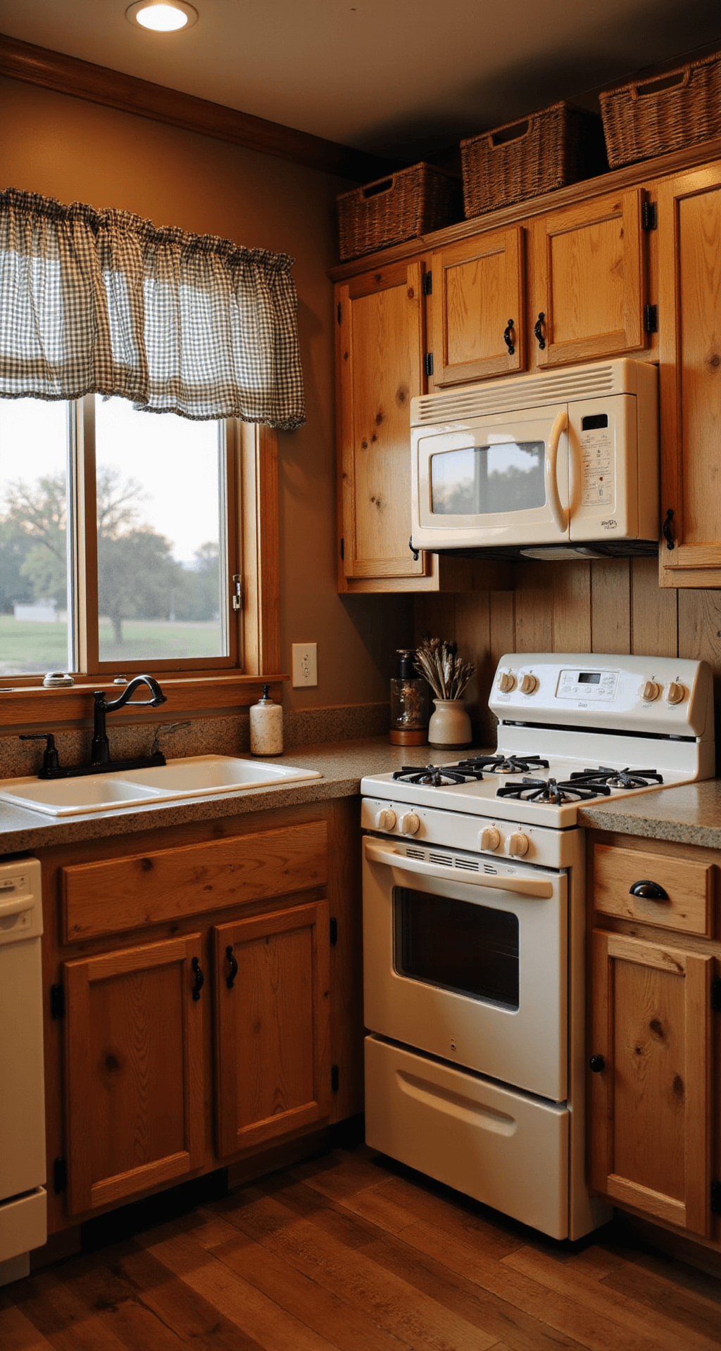 Cozy 10x10ft country kitchen with knotty hickory cabinets, vintage cream appliances, and warm lighting, featuring woven baskets and gingham curtains, captured from a corner angle.