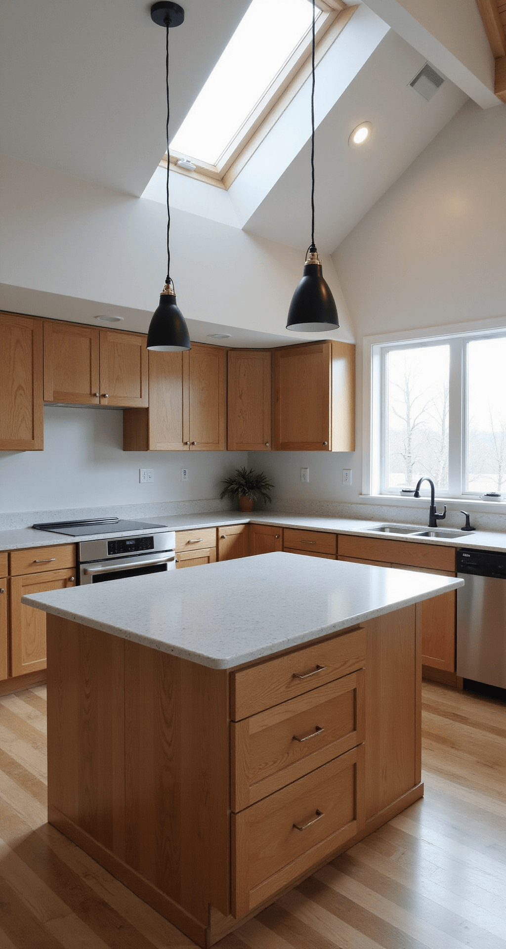 Open-concept kitchen with vaulted ceiling, featuring rift-cut hickory cabinets, a waterfall quartz island with hidden storage, and industrial pendant lights, illuminated by natural skylight and LED strips, captured from the dining area.