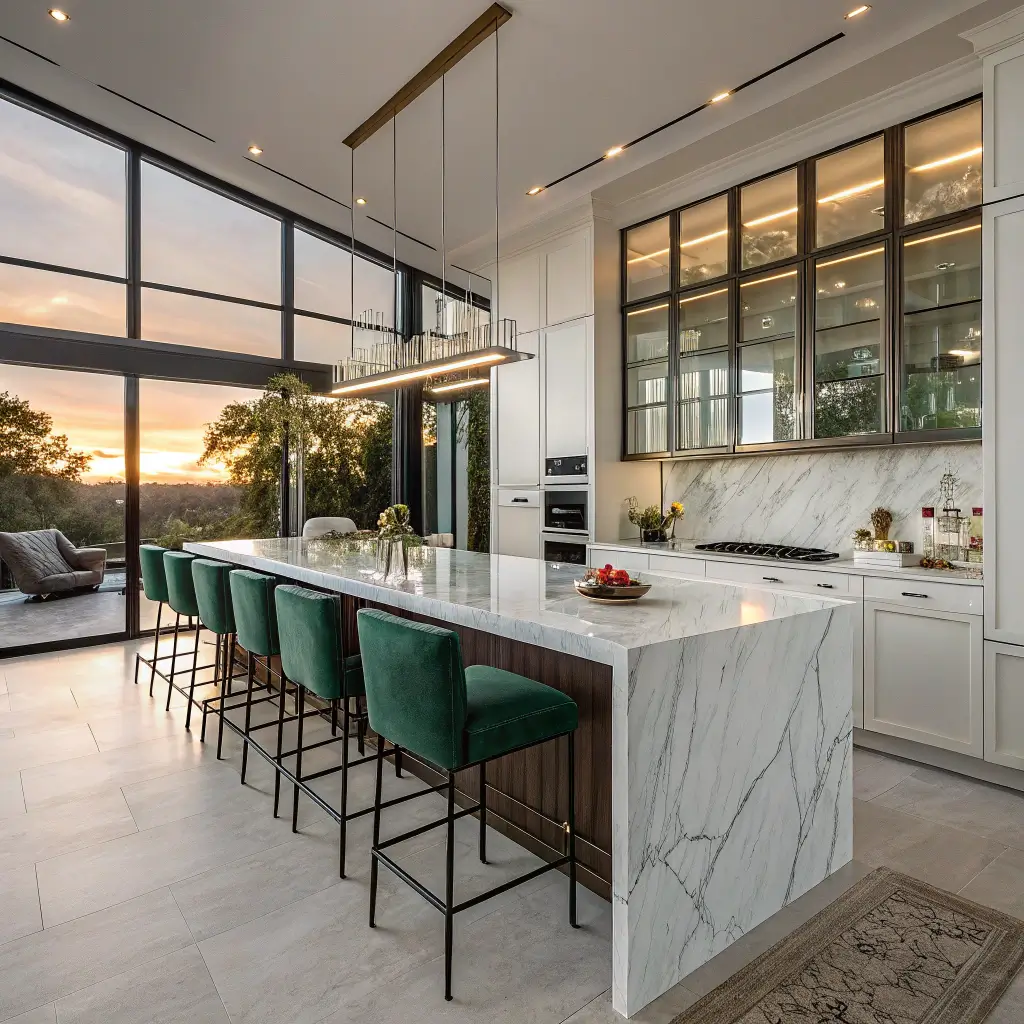 A luxurious, modern kitchen at sunrise with a 10ft marble breakfast bar, green velvet stools, copper serveware in glass cabinets, streaming light, and elegant decor.
