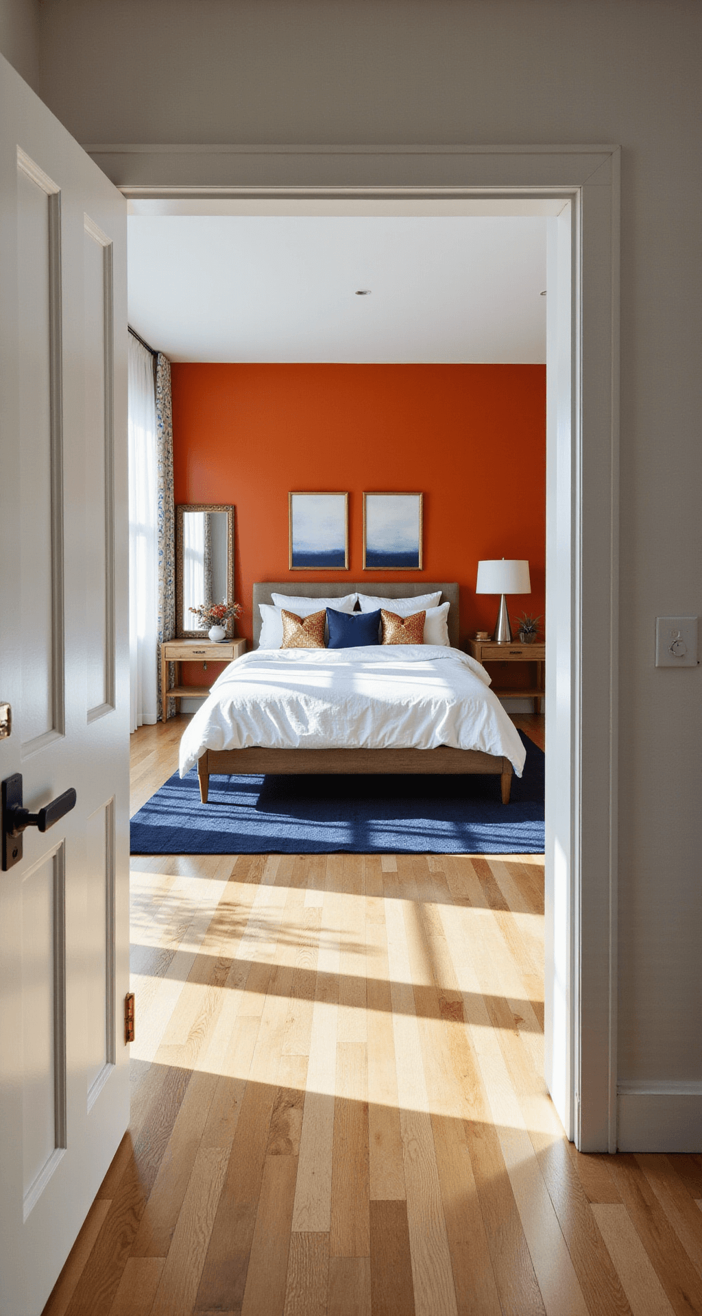 Sun-drenched modern bedroom with tangerine feature wall, platform bed, floor-to-ceiling windows, light oak flooring, navy rug, brass-accented furniture, and geometric copper pillows.