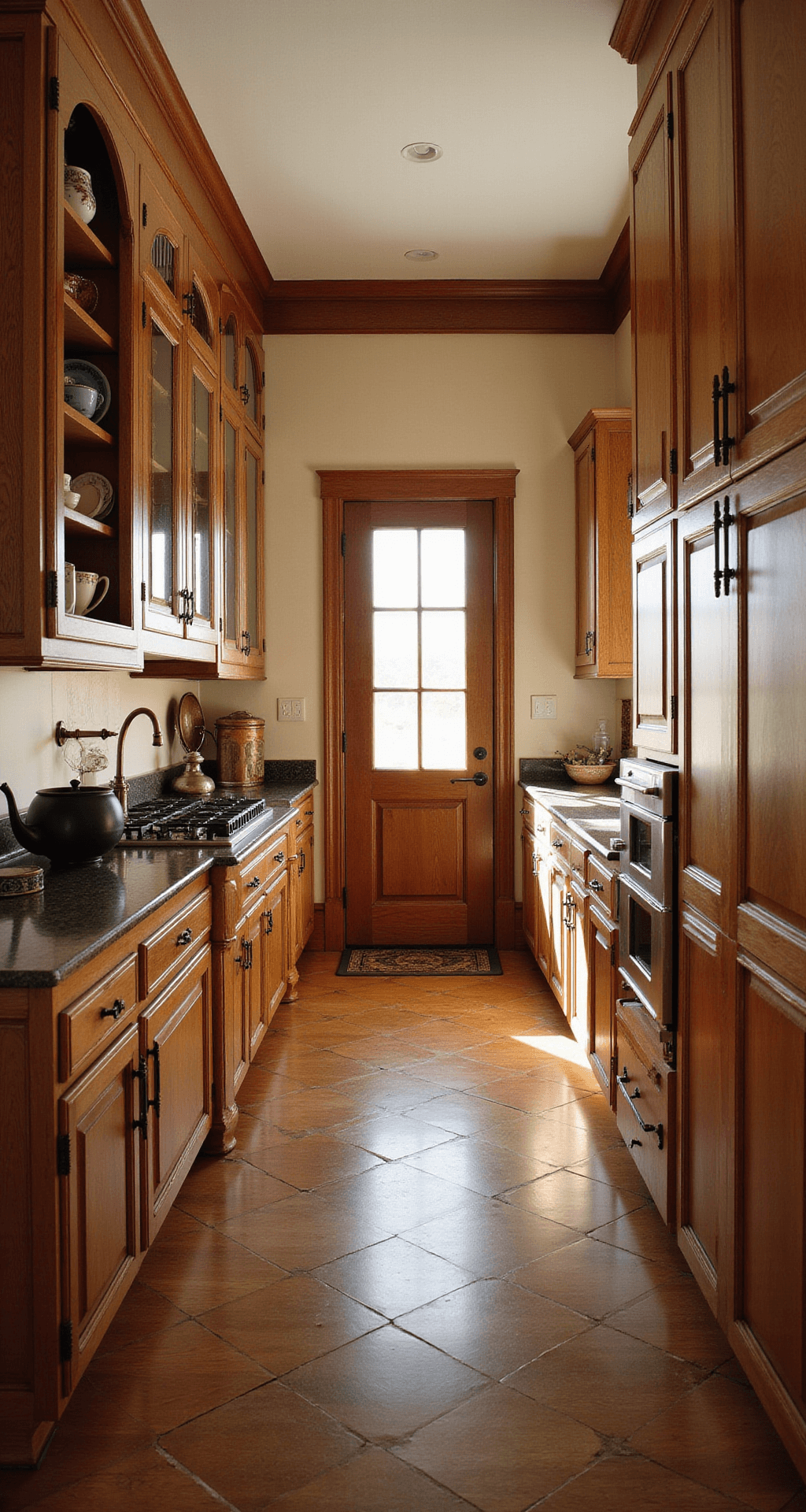 A traditional galley kitchen measuring 8x14ft, featuring rich hickory cabinets with cathedral grain patterns, glass-front upper cabinets showcasing heirloom china, and oil-rubbed bronze hardware. Herringbone tile floor complements the early morning light streaming in, enhancing the wood texture. The image captures the kitchen from the end, highlighting its symmetry with side lighting, using a 35mm tilt-shift lens for perspective control.