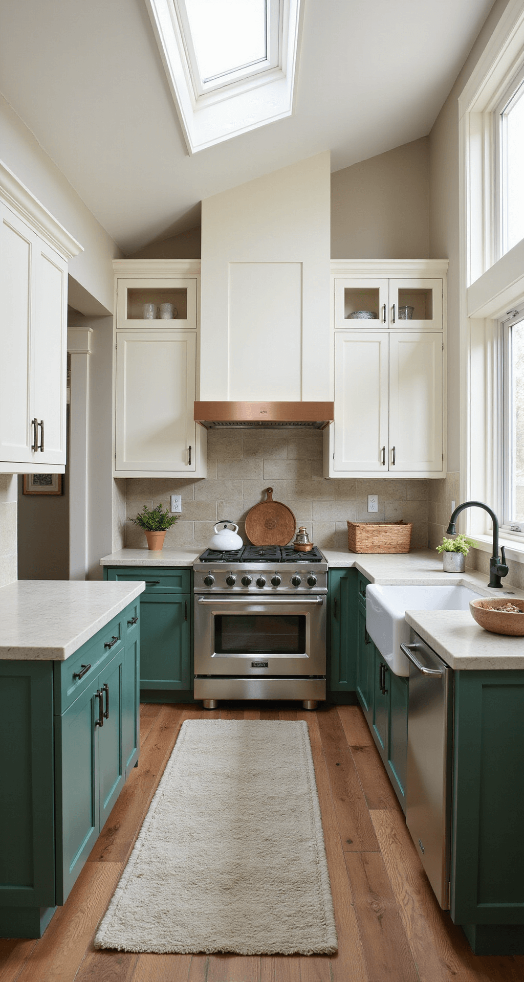 An airy farmhouse kitchen featuring a vaulted ceiling and skylight, with forest green base cabinets and creamy white upper cabinets, soapstone counters, vintage copper accents, and handmade ceramic tiles, captured from an overhead view to emphasize color blocking and natural textures.
