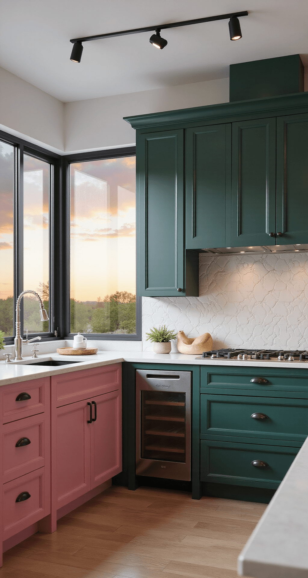Contemporary kitchen featuring bubblegum pink lower cabinets and deep forest green upper cabinets, with white quartz countertops and geometric backsplash tile. The scene is illuminated by dusk lighting and modern track lighting, shot from a corner perspective that captures the reflection of a sunset in the floor-to-ceiling windows.
