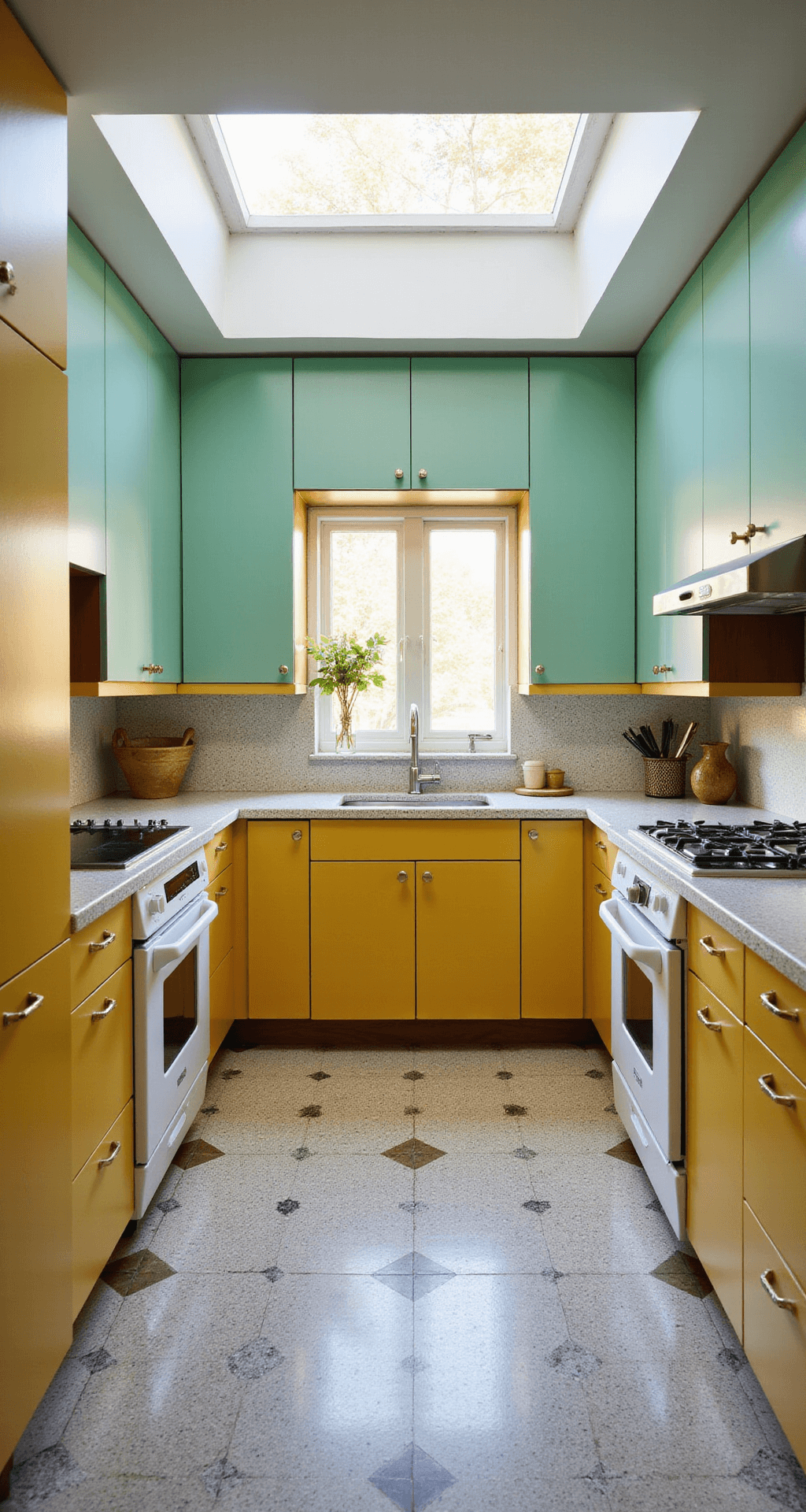 A mid-century modern kitchen featuring mustard yellow lower cabinets and mint green upper cabinets, with terrazzo countertops and geometric tile flooring. The space is illuminated by afternoon indirect light streaming through clerestory windows, highlighting the color interaction between the cabinet levels and walnut accents in an eye-level shot.