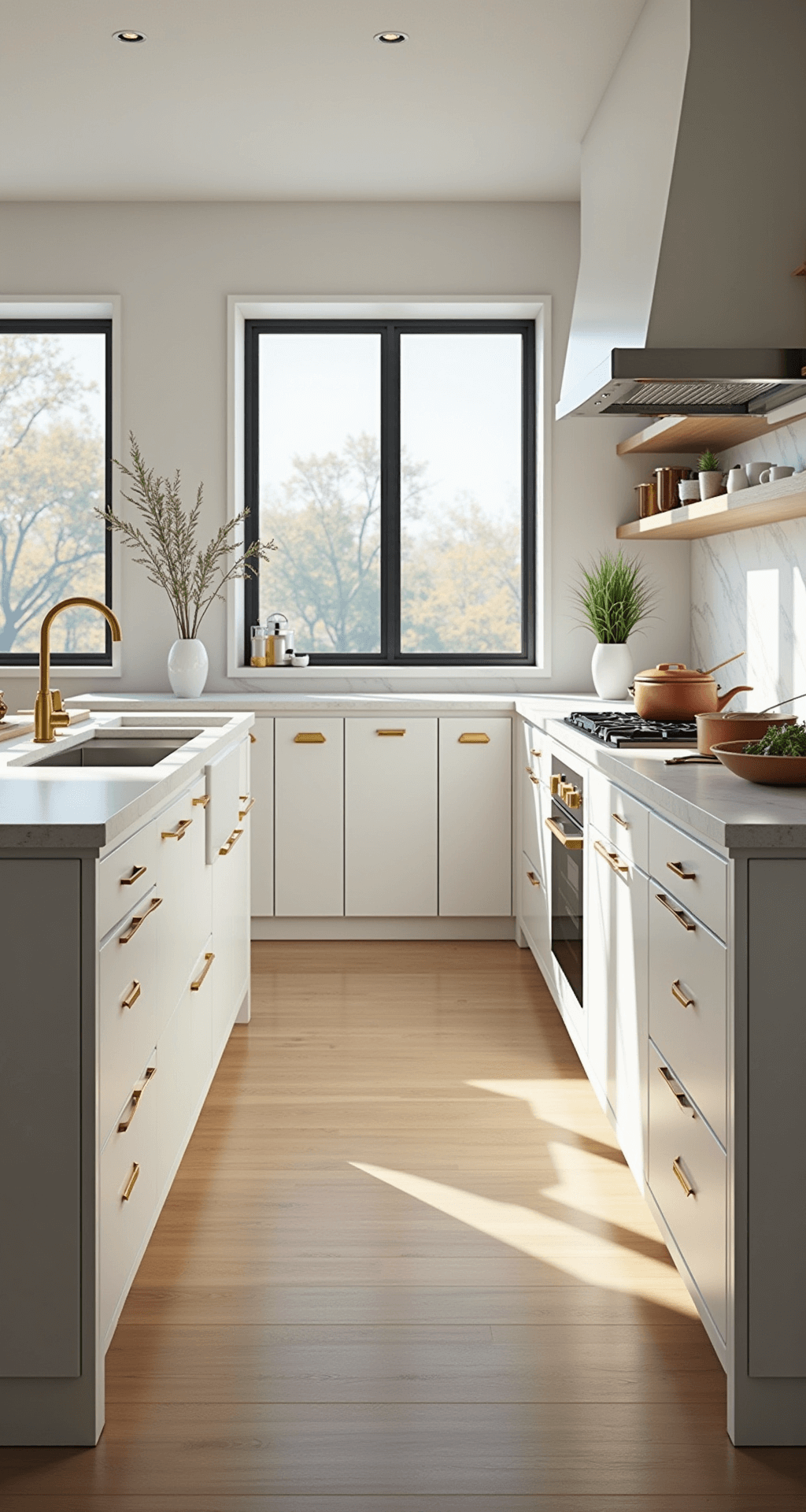 Wide-angle view of a bright, airy contemporary kitchen featuring IKEA SEKTION white cabinets with matte gold handles, a waterfall quartz countertop island, and natural oak flooring, illuminated by morning light through floor-to-ceiling windows, with minimal decor including copper cookware and fresh herbs.