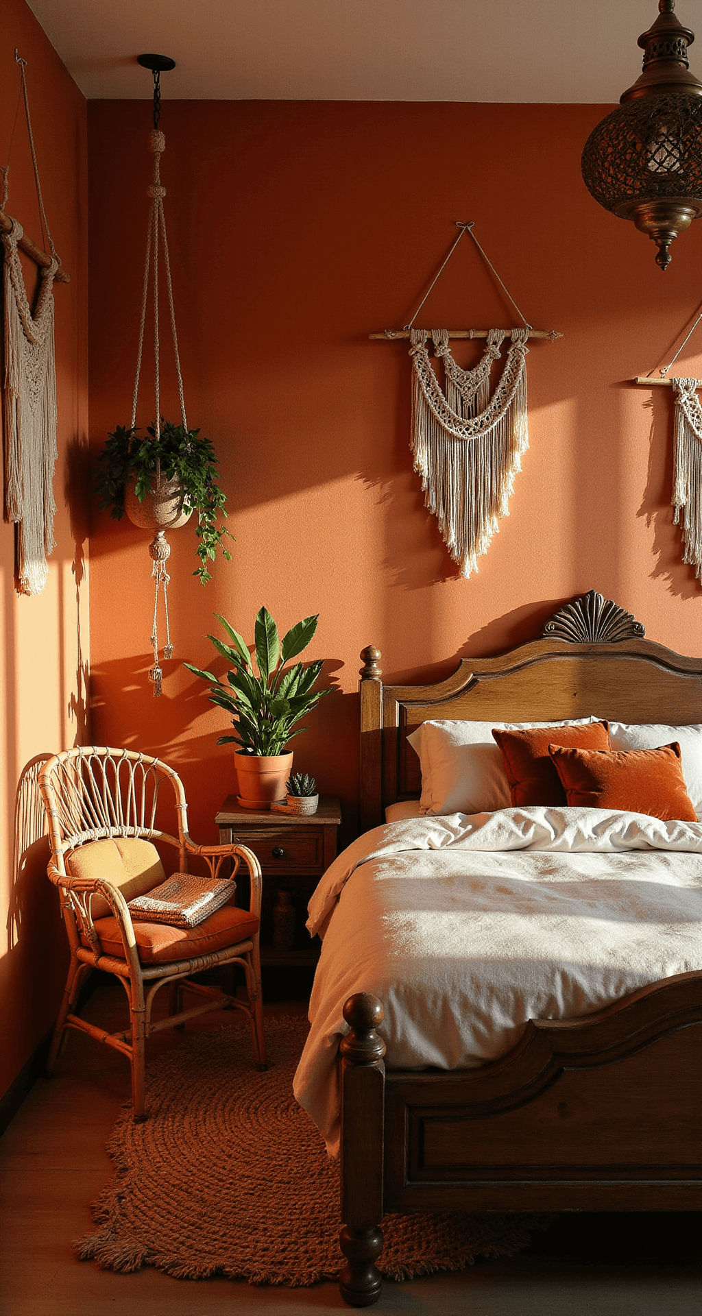 A cozy boho bedroom with burnt orange textured walls, vintage wooden bed, cream linens, rust velvet pillows, macramé wall hangings, potted plants, a rattan chair with a throw, and a Moroccan brass pendant light casting shadows.