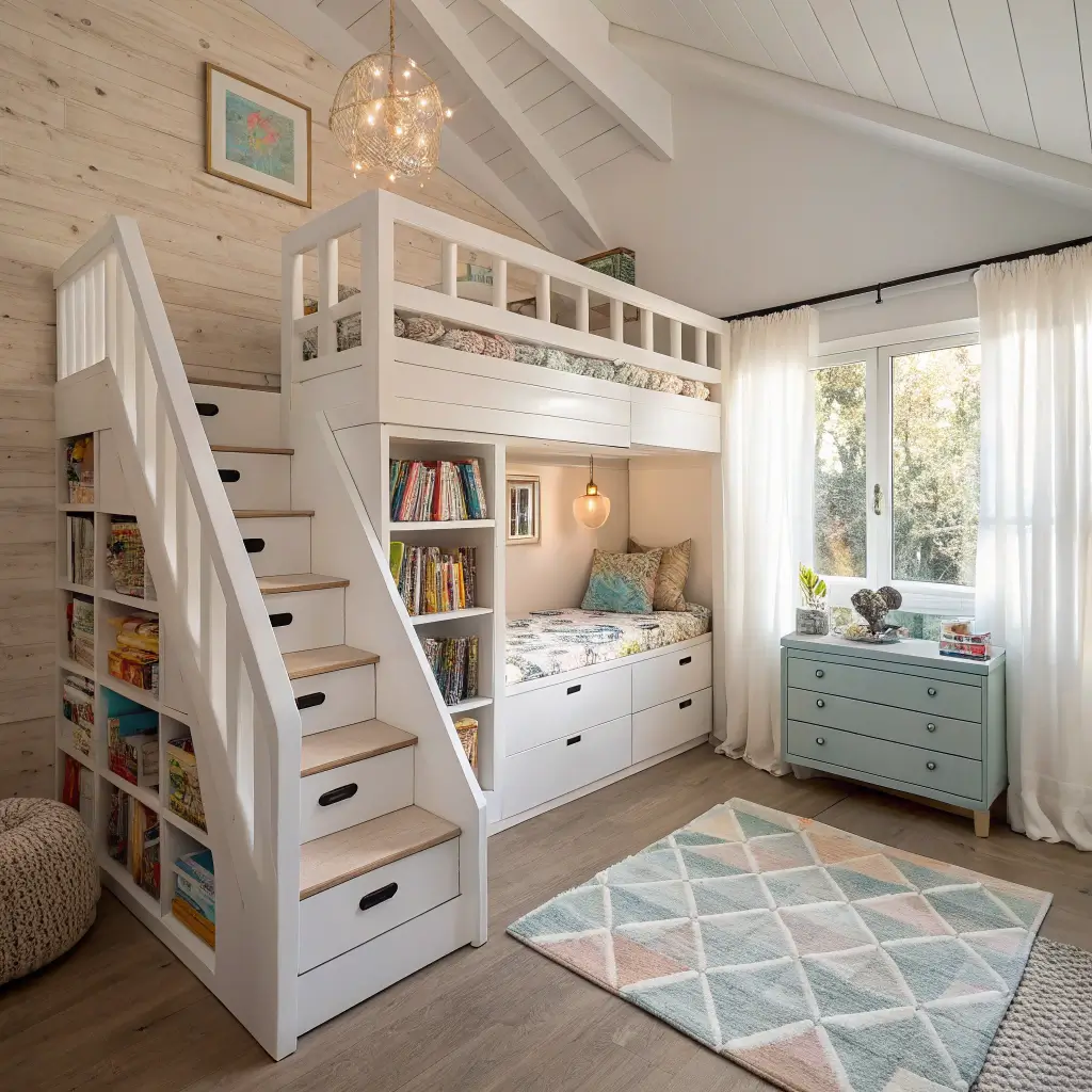 A toddler bedroom with a modern loft bed and white staircase drawers, sunlit play area with a craft table, pastel rug, and white and wood tone shelves displaying books and toys.