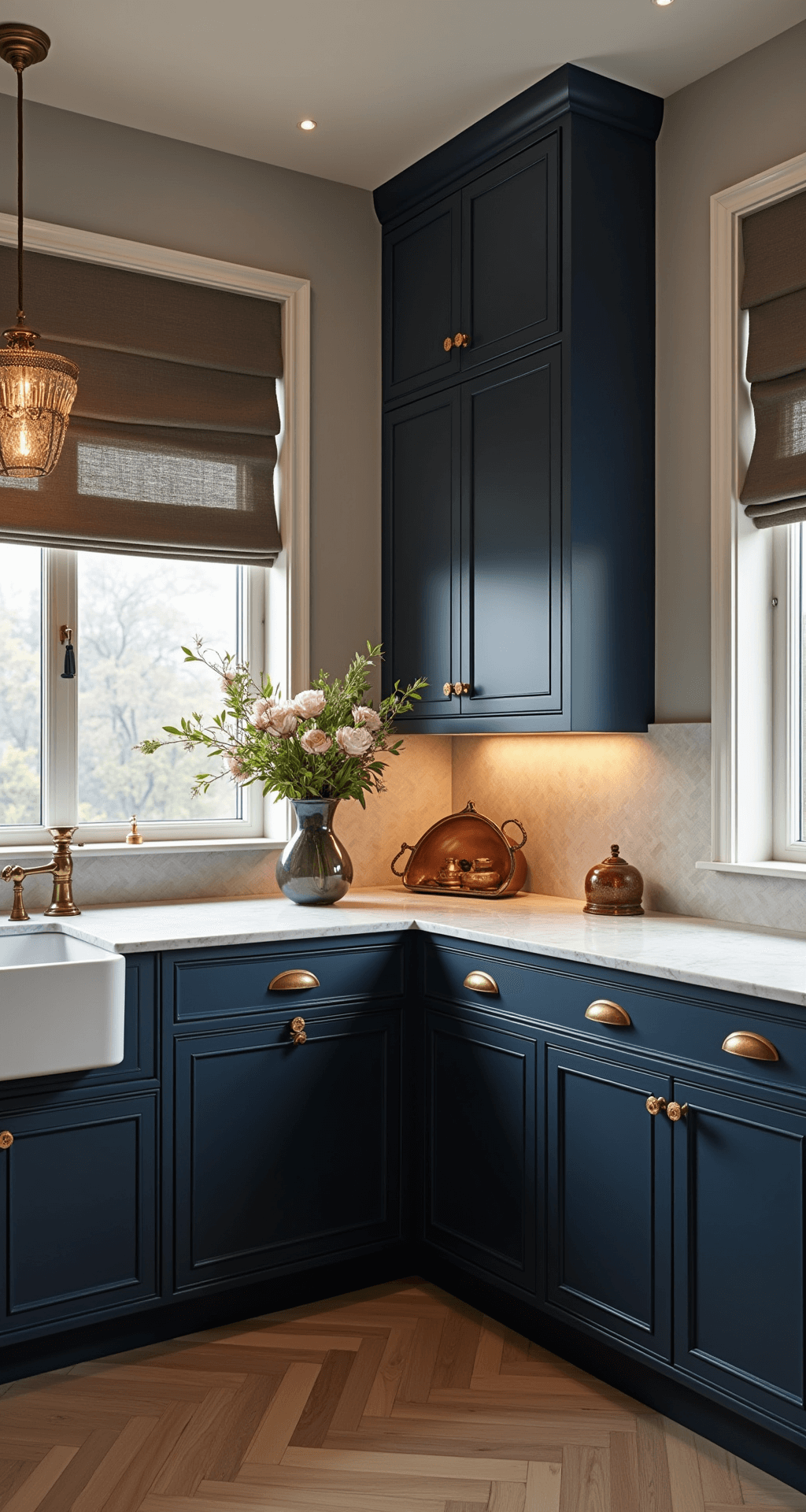 Corner view of a luxurious L-shaped kitchen with navy cabinets and brass hardware, featuring marble counters and herringbone oak floors, styled with vintage copper, flowers, and ceramics, captured during golden hour for a sophisticated ambiance.
