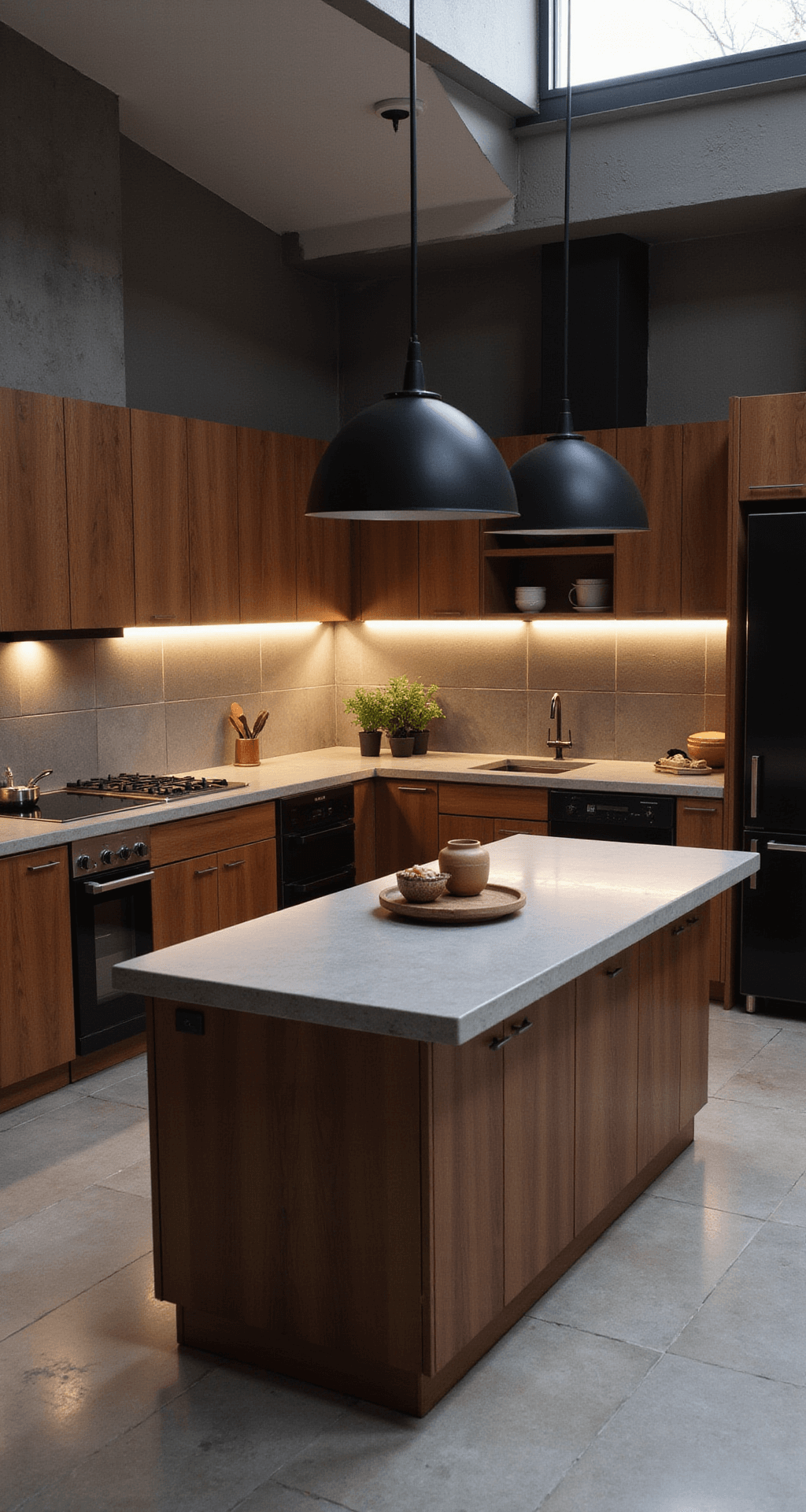 Bird's eye view of a warm modern U-shaped kitchen featuring walnut cabinets, concrete counters, and a geometric tile backsplash, enhanced by undercabinet lighting and styled with ceramics, potted herbs, and black accessories, evoking a contemporary and cozy ambiance.