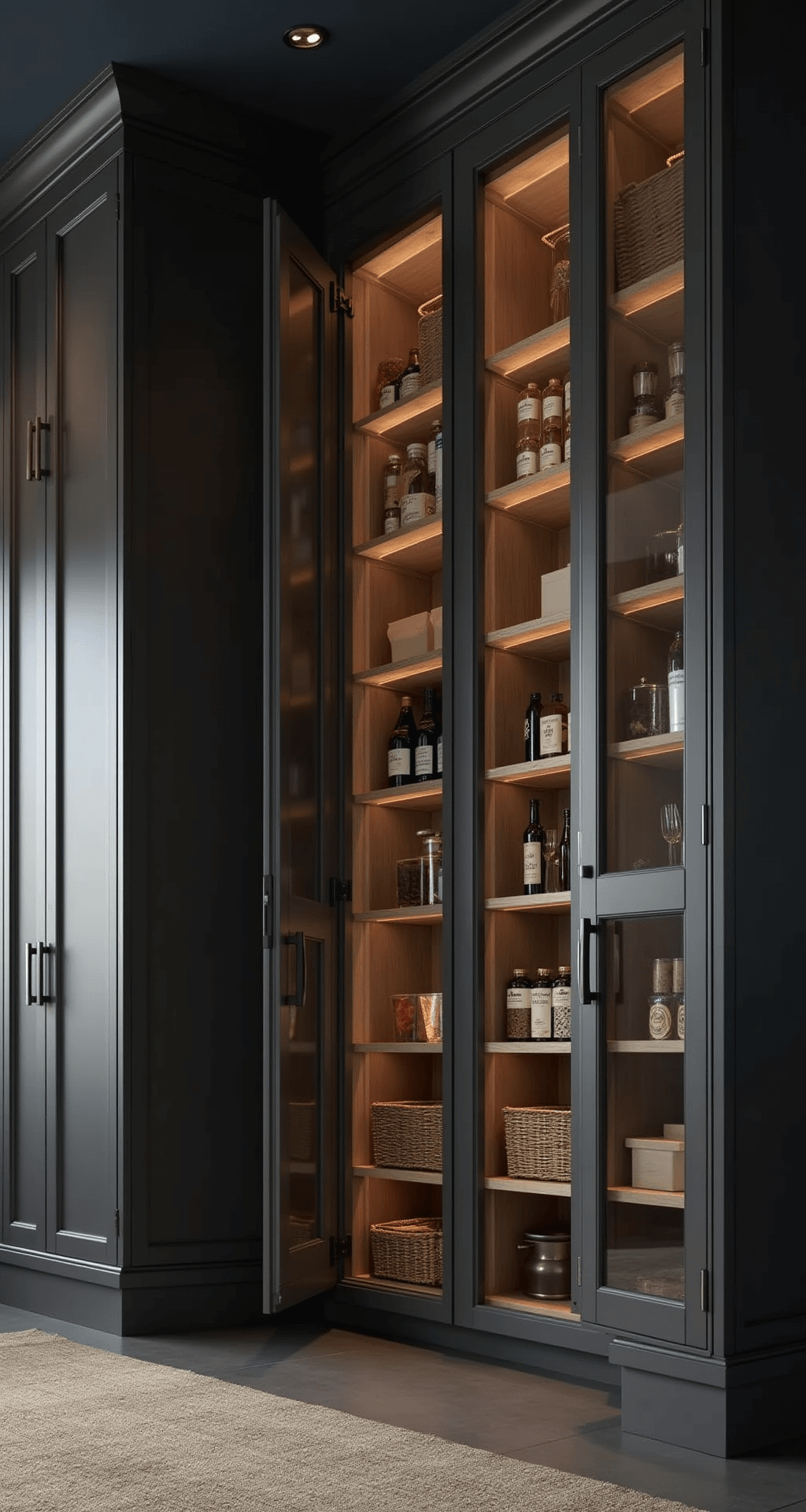 A tall pantry wall featuring floor-to-ceiling anthracite SEKTION cabinets, illuminated with dramatic uplighting that casts shadows. The glass doors reveal organized pull-out systems filled with labeled containers, baskets, and gourmet ingredients, all styled with a moody, elegant aesthetic accented by metallic details.