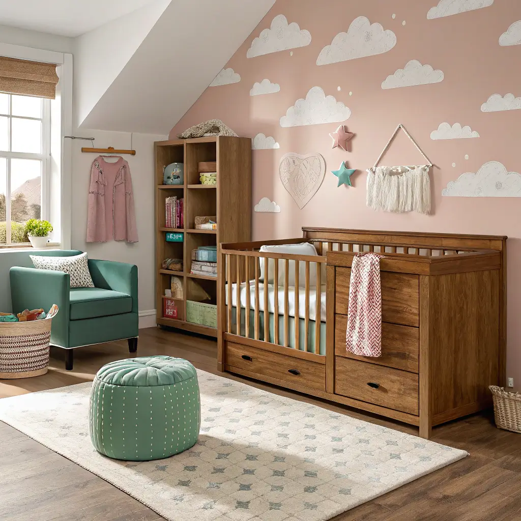 Low-angle view of a cozy toddler room with a convertible crib in oak tones, oversized cloud wall art, cream area rug, sage green storage ottoman, and pink pegboard organization, all in a Scandinavian style.