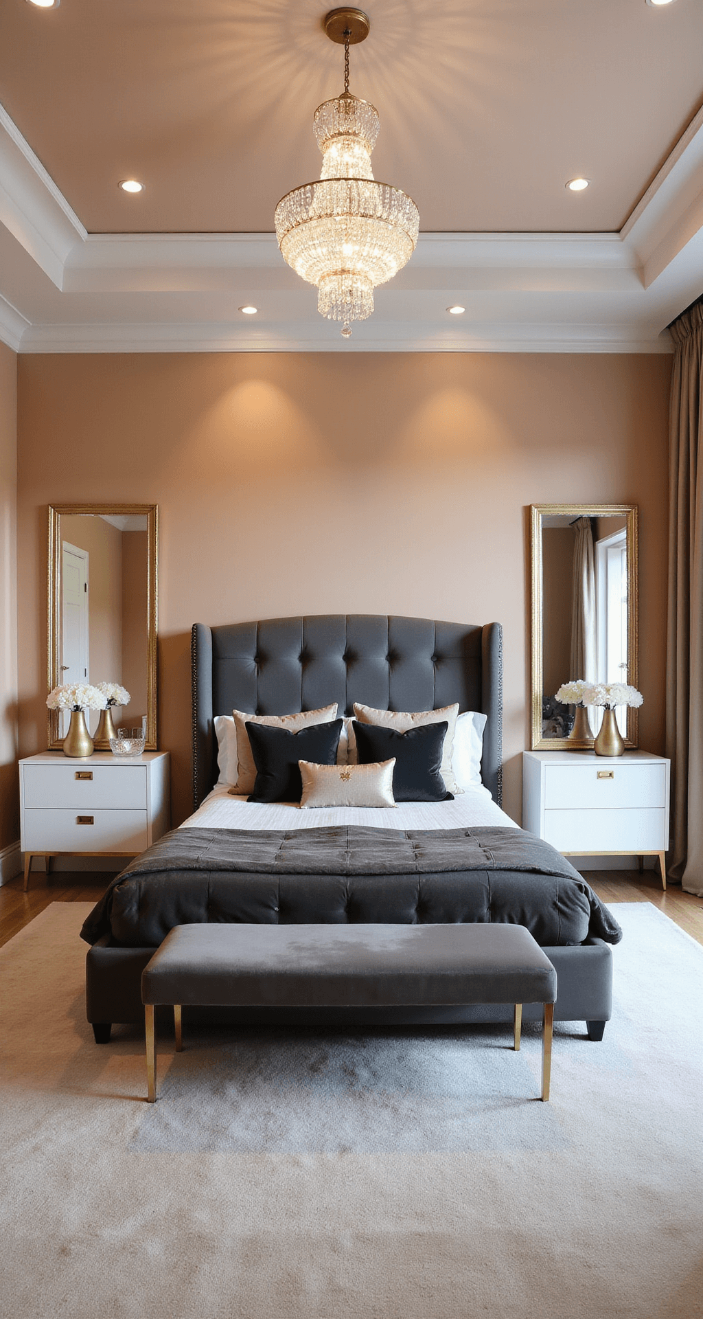 A luxurious master bedroom with peach-toned walls, a tray ceiling featuring a crystal chandelier, and a king-size upholstered bed in charcoal grey velvet centered on the wall. The room includes white marble-topped side tables with gold hardware, floor-to-ceiling mirrors next to a modern fireplace, plush cream carpet, and silk drapery panels, all enhanced by professional lighting.