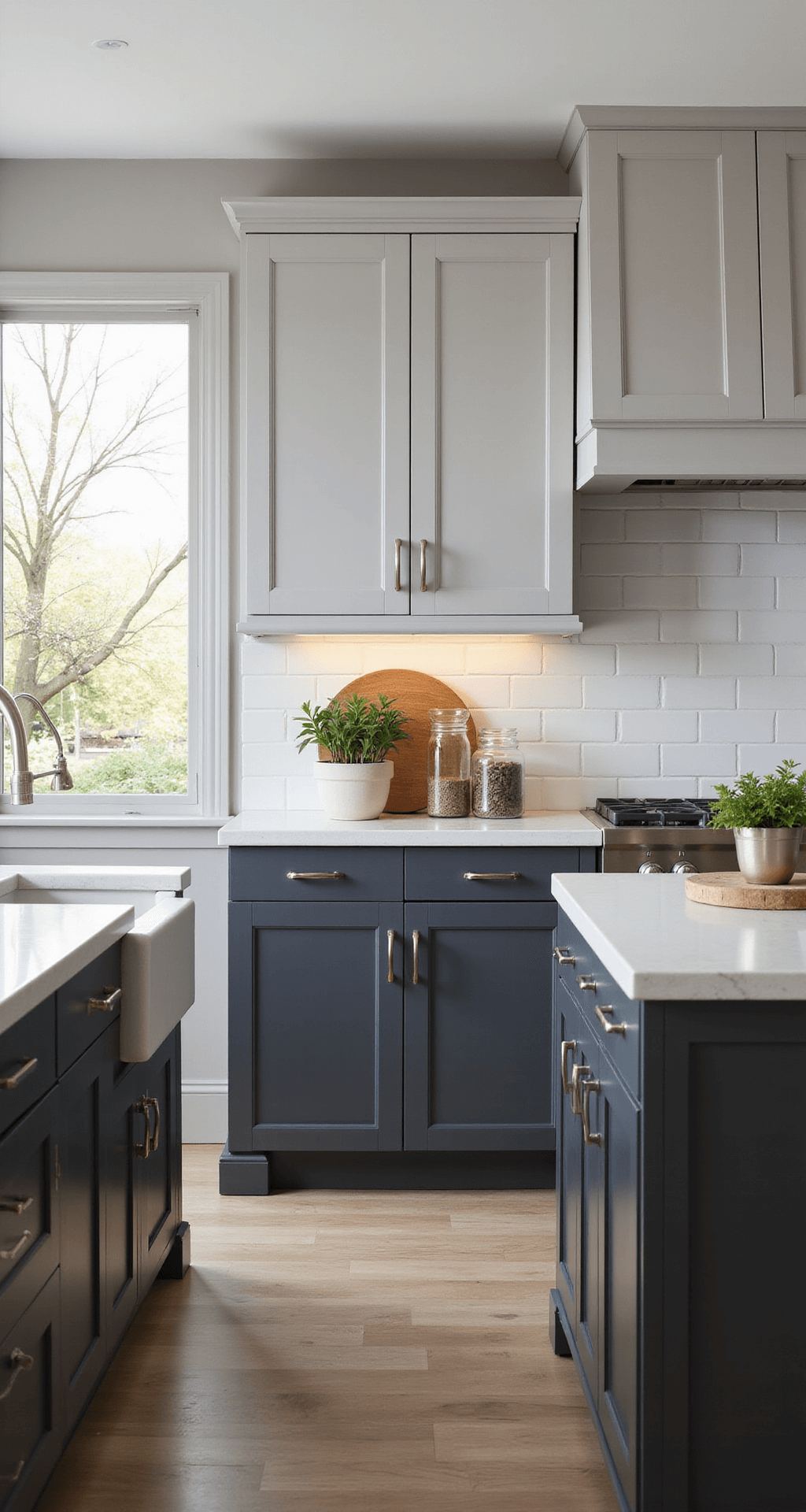 A bright kitchen featuring light grey upper cabinets and deep charcoal lower cabinets, illuminated by morning light. The subway tile backsplash reaches the ceiling, and brushed nickel hardware adds a touch of contrast. An island perspective highlights the vertical height difference, with natural light and under-cabinet LEDs creating a warm ambiance. The space is styled with glass canisters, potted herbs, and metallic accents, focusing on the seamless cabinet color transition.