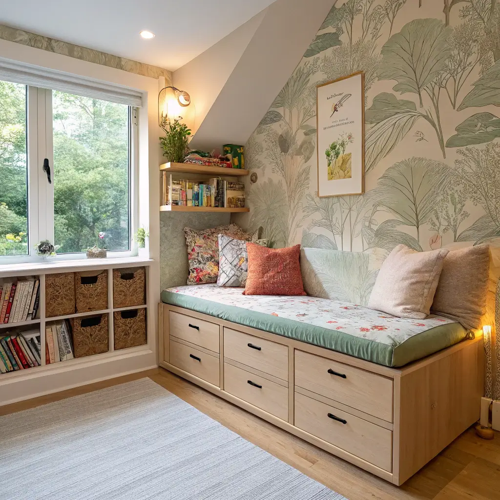 A cozy toddler bedroom's reading nook with a custom window seat featuring storage drawers, bathed in warm golden hour light. The wall displays textured jungle-themed wallpaper. Light birch wood furniture has rounded edges, with terra cotta and sage soft furnishings, designed for safety and comfort.