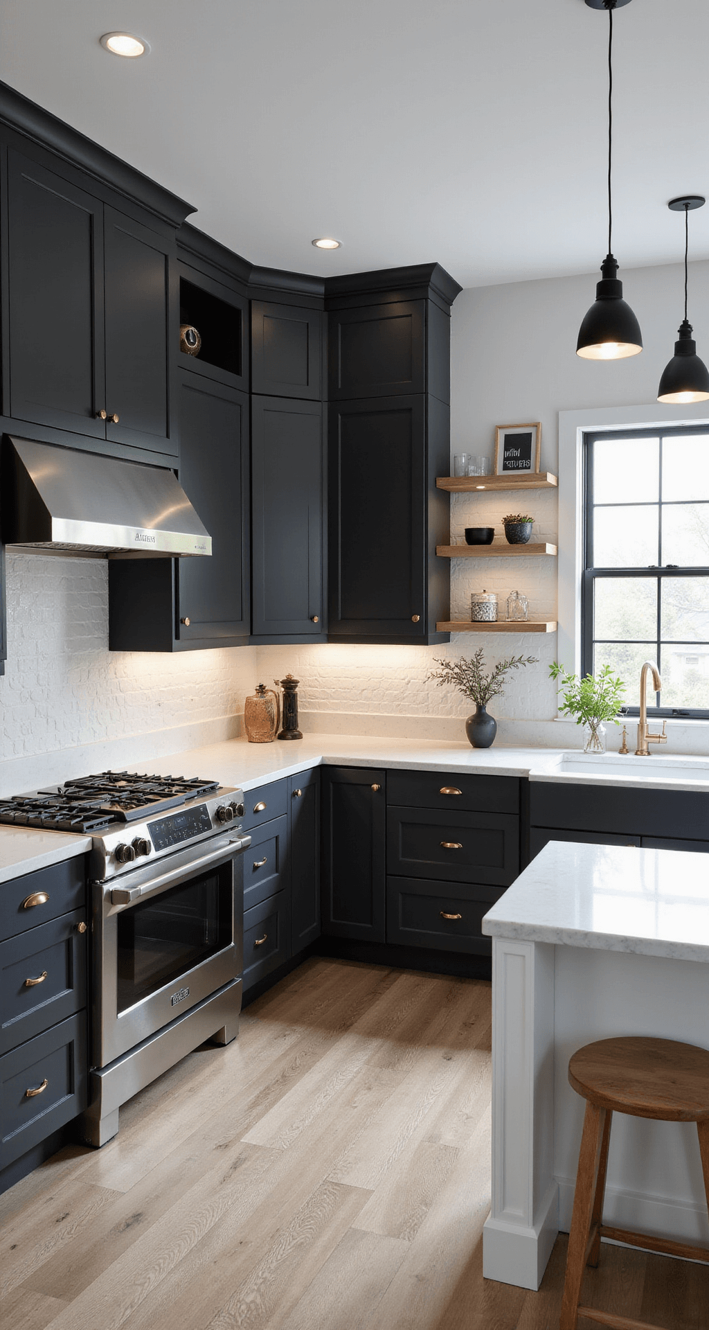 Overhead view of an L-shaped kitchen showcasing charcoal gray upper cabinets and white lower cabinets, featuring industrial pendant lights, white marble countertops, and brushed gold hardware, styled with geometric backsplash and black and white accessories.