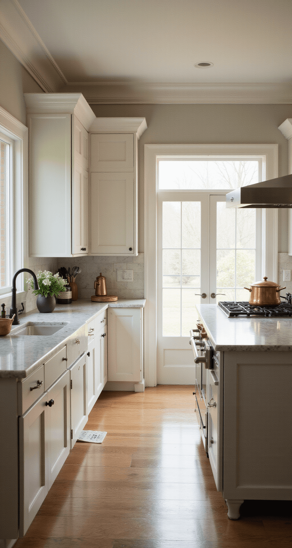 A sunlit kitchen with professional-grade cabinets in Benjamin Moore Advance Pearl finish, featuring 10ft ceilings, crown molding, and floor-to-ceiling cabinetry, styled with copper pots and a marble pastry station, captured with a 35mm lens at f/5.6.