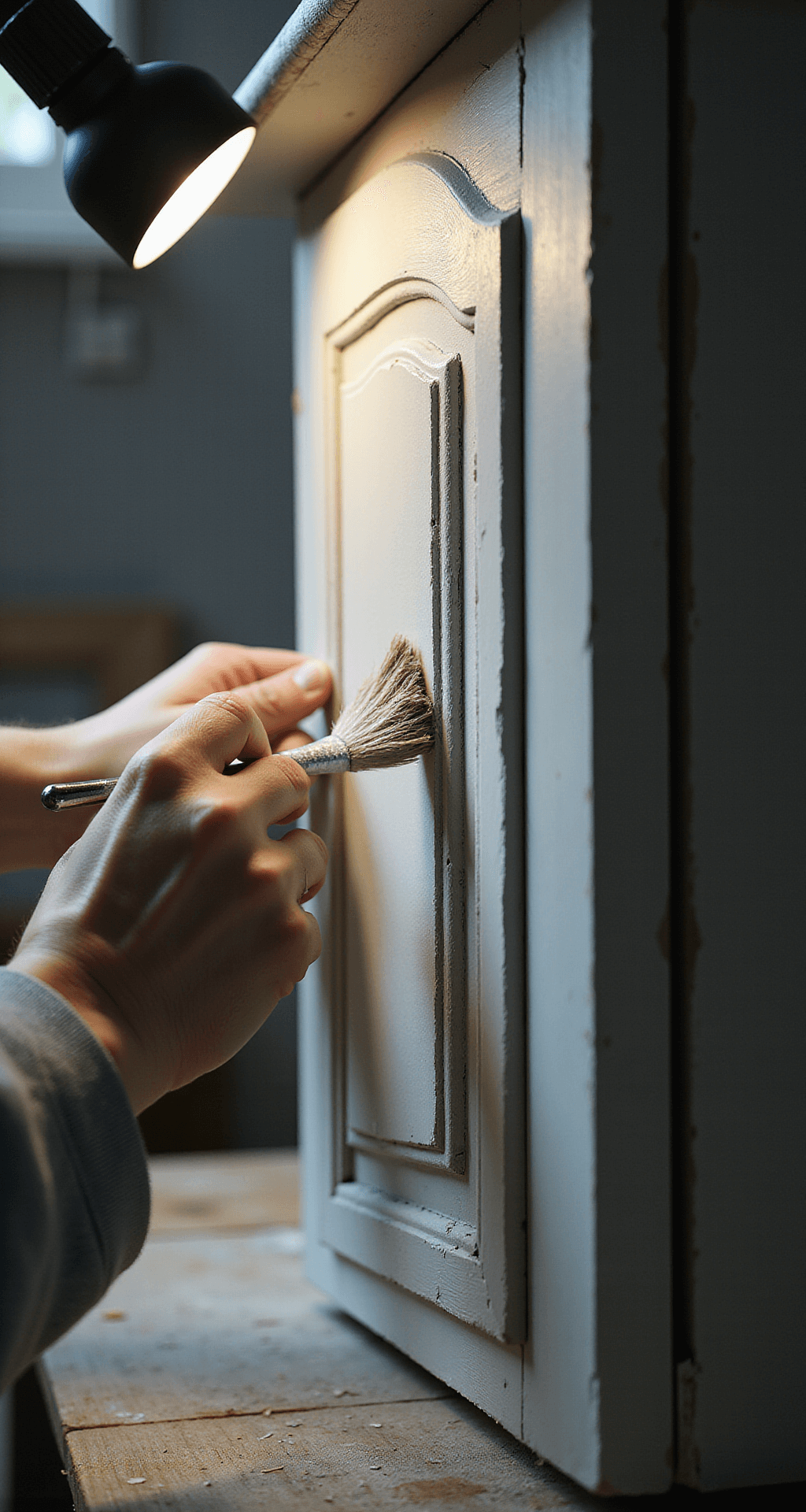 Close-up of a cabinet door receiving a final coat of paint, showcasing expert application and texture, captured with macro lens under dual softbox lighting at f/11 for maximum detail.
