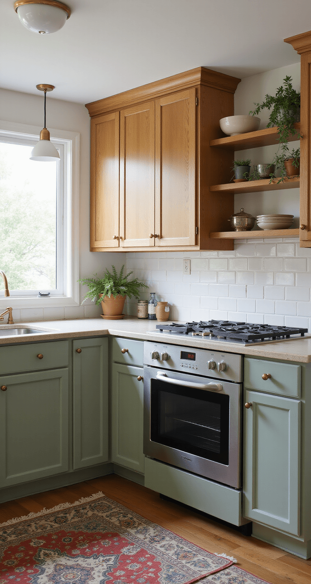 A lifestyle kitchen featuring a budget-friendly partial cabinet makeover with lower cabinets painted sage green, original wood upper cabinets with updated hardware, and natural afternoon lighting. The space is styled with new pendant lights, a vintage rug, open shelving filled with plants, captured at eye level for a realistic perspective.