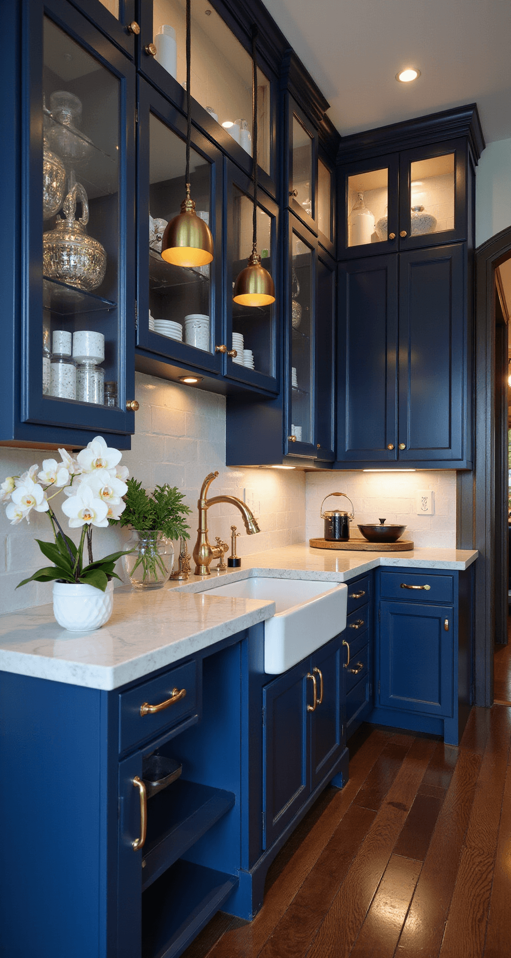 Dramatic evening kitchen scene featuring navy blue cabinets with illuminated glass uppers, satin gold accents, a white quartz island, and dark hardwood floors, styled with white orchids and artisan cookware.