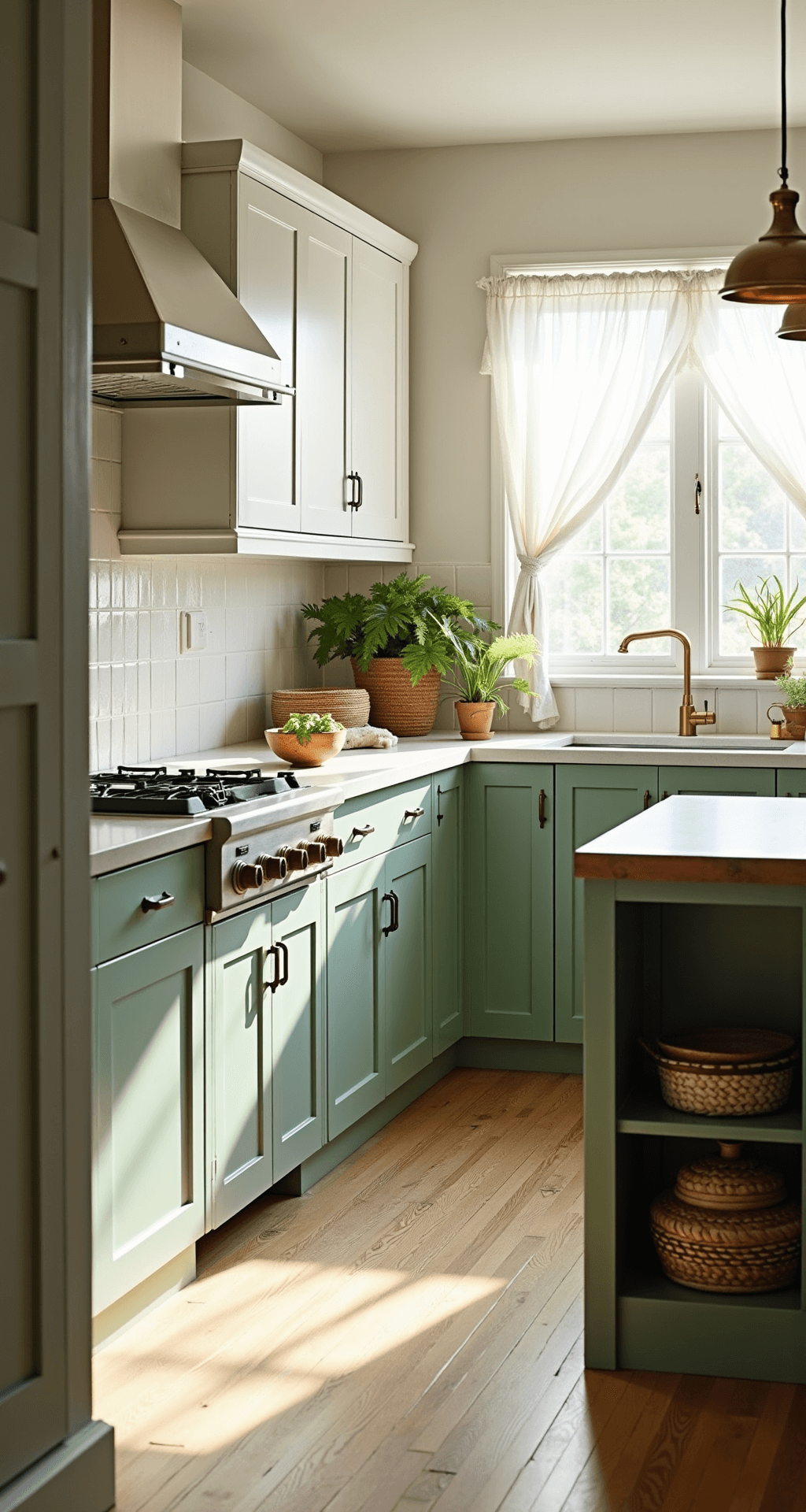 A sun-drenched kitchen featuring sage green lower cabinets with beadboard detail and matte white upper cabinets, illuminated by natural light through sheer linen curtains. A butcher block island adds warmth, complemented by brass pendant lights and hardware. The space is styled with woven baskets, earthenware, and potted ferns, showcasing a color palette of sage green, warm white, natural wood, and antique brass.