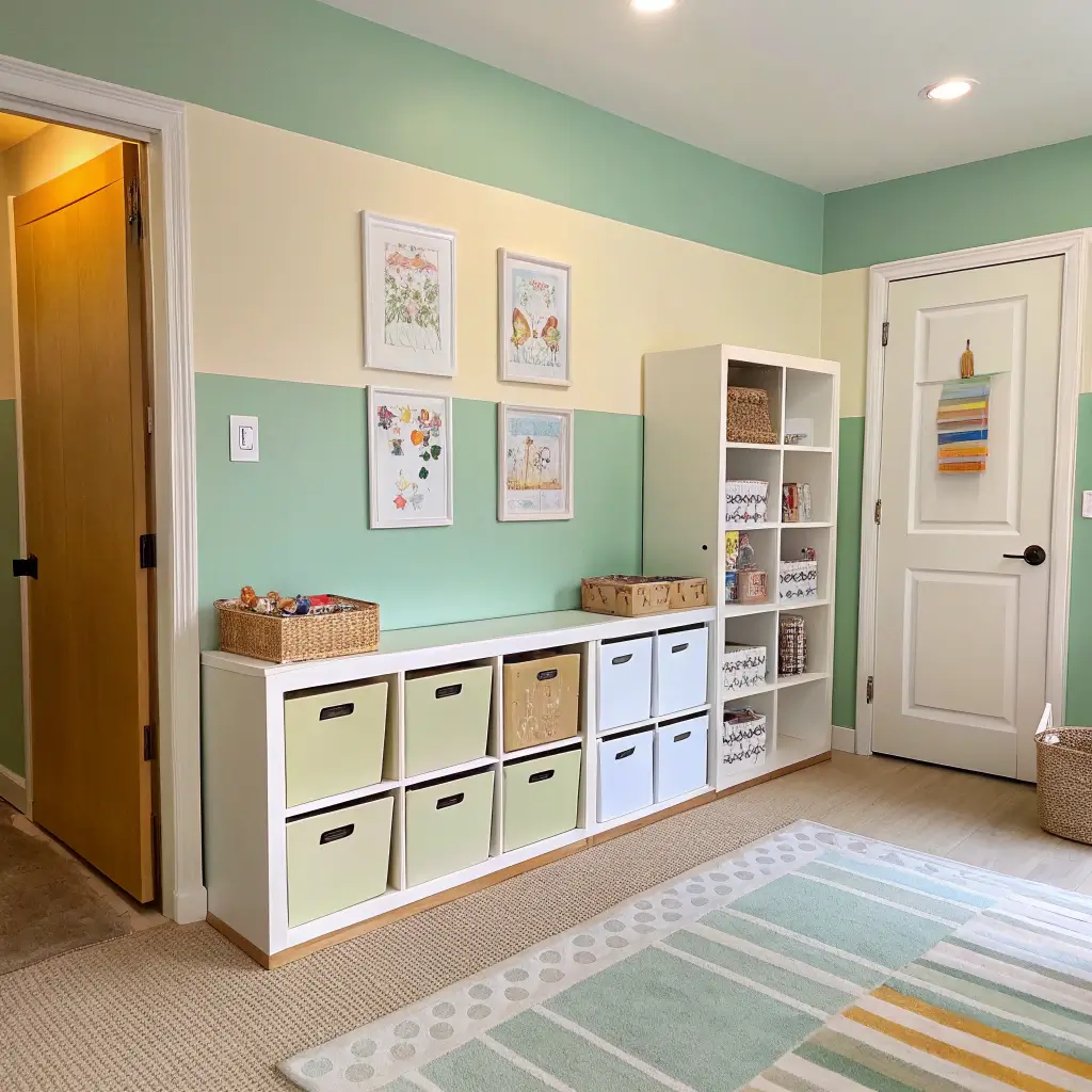 Wide-angle view of a toddler room with mint green and cream color-blocked walls, featuring modular white and wood furniture, a magnetic art display, organized toy zones with labeled bins, and soft lighting.