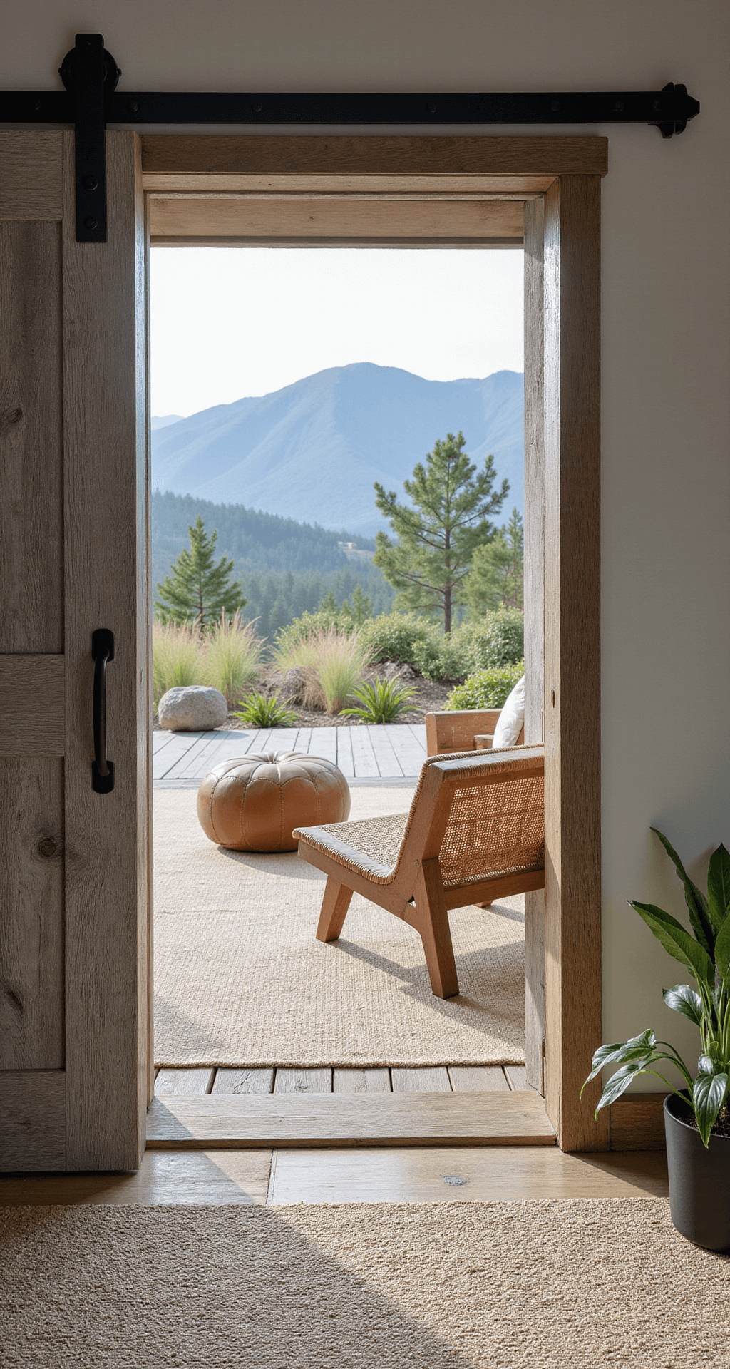 A photo of a seamless indoor-outdoor space with an open sliding barn door revealing a mountain view. Inside features rattan chairs, a leather pouf, and sisal carpet. Natural light highlights textures and black metal accents add contrast. Plants blur interior-exterior boundaries.