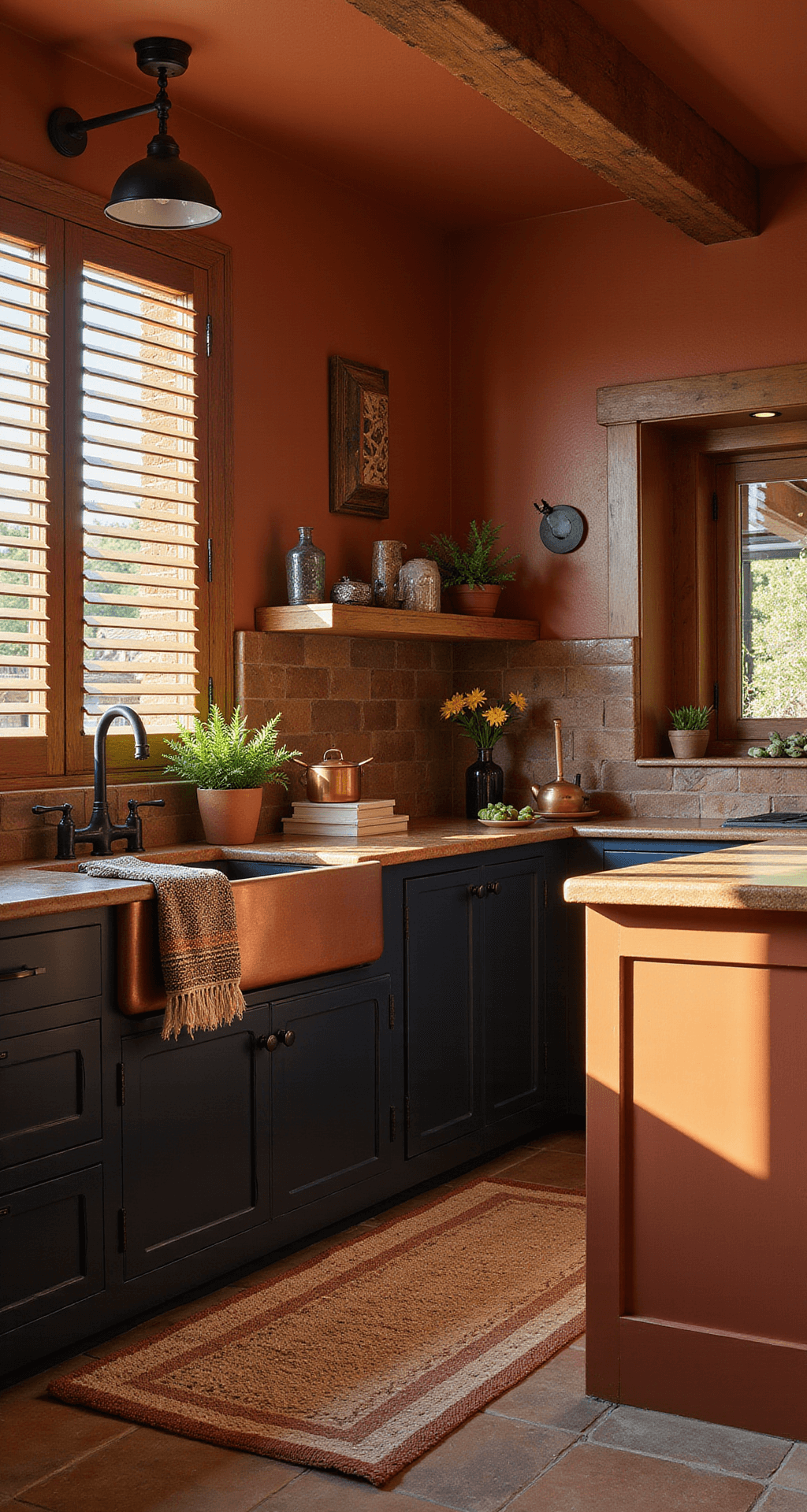 A Southwestern-inspired kitchen featuring a rust-colored island and matte black perimeter cabinets, illuminated by golden hour light filtering through wooden shutters. The space showcases a textured terracotta tile backsplash, wrought iron hardware, and stylish decor, including handwoven textiles, copper cookware, and desert plants, all within a warm color palette.