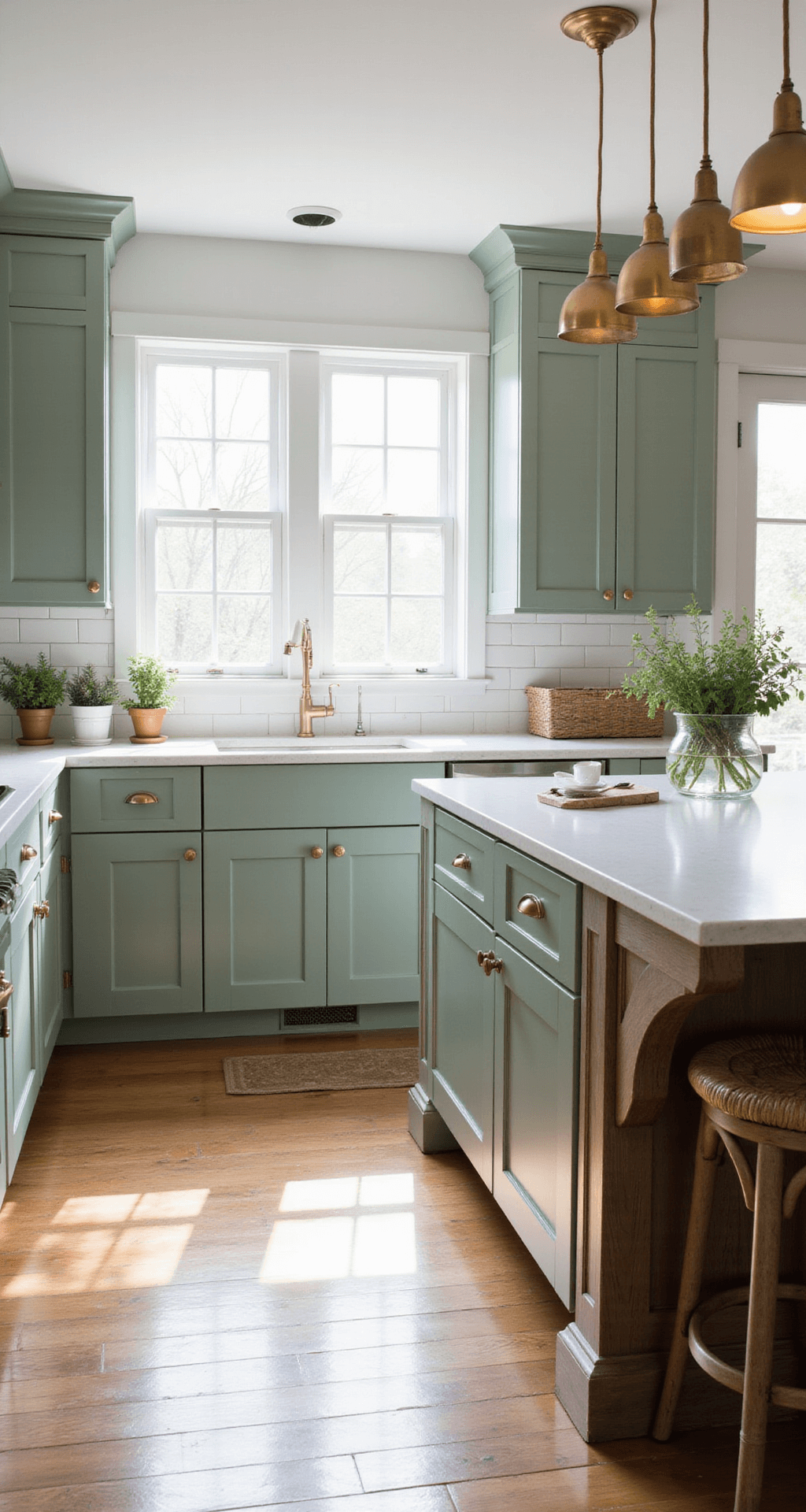 Bright, airy kitchen with sage green shaker cabinets, a white quartz waterfall countertop, and a weathered oak center island, illuminated by morning sunlight and brass pendant lights, featuring a white subway tile backsplash and natural decor elements.