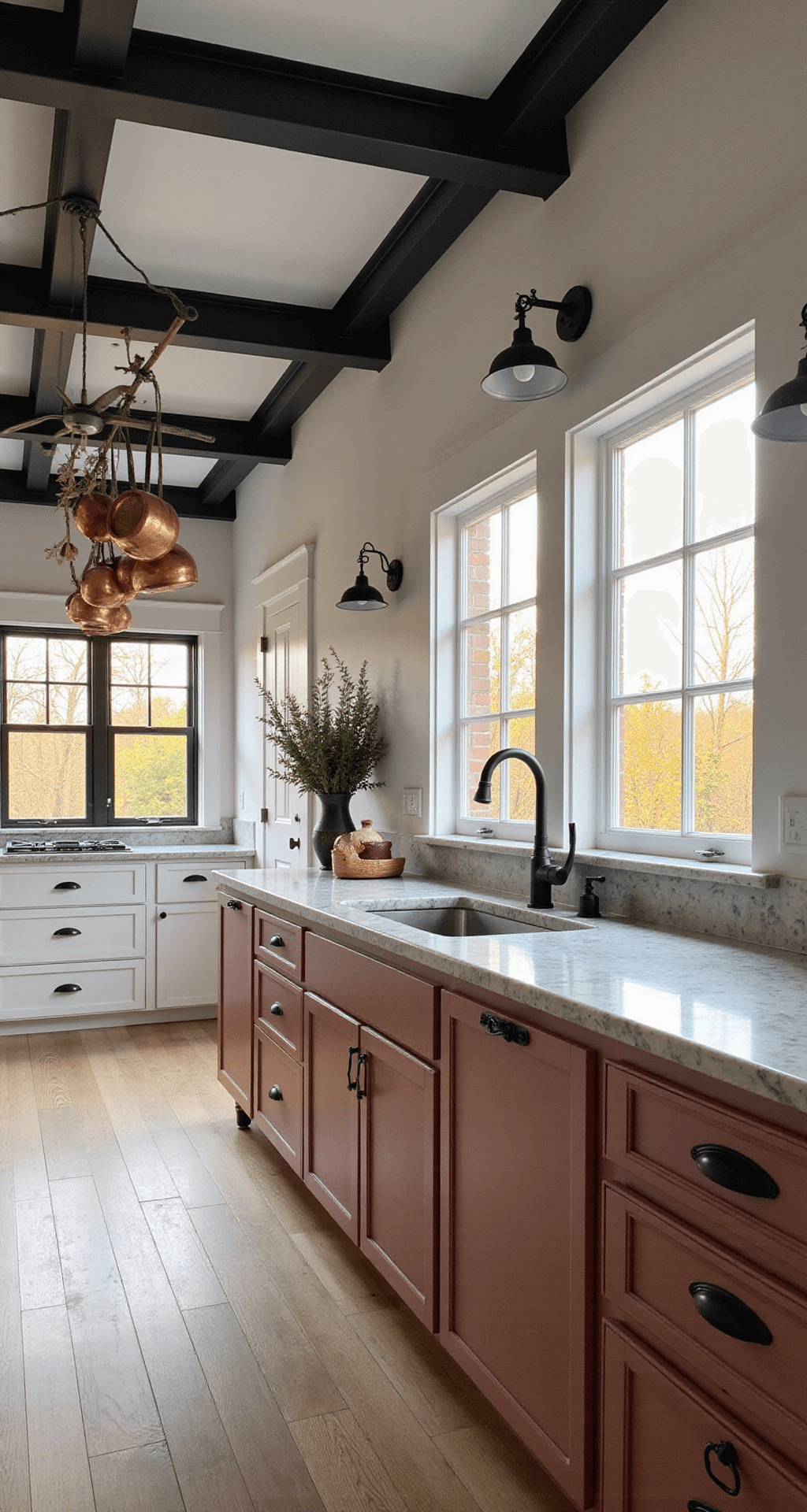A modern farmhouse kitchen featuring vaulted ceilings with exposed beams, illuminated by golden hour light filtering through steel-framed windows. Lower cabinets in Sherwin Williams 'Rosemary' contrast with white upper cabinets, and vintage copper pots hang from a ceiling rack. The space showcases wide plank white oak flooring, marble countertops with grey veining, and matte black hardware, with dramatic shadows enhancing the cozy yet sophisticated atmosphere. The angle emphasizes height and depth, capturing the inviting ambiance.