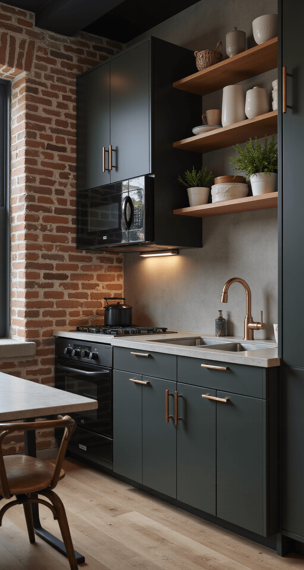A compact urban kitchen featuring Benjamin Moore 'Forest Floor' cabinets, integrated appliances, floating shelves with artisanal ceramics, champagne bronze fixtures, and concrete countertops, with soft overhead lighting and a small bistro table.